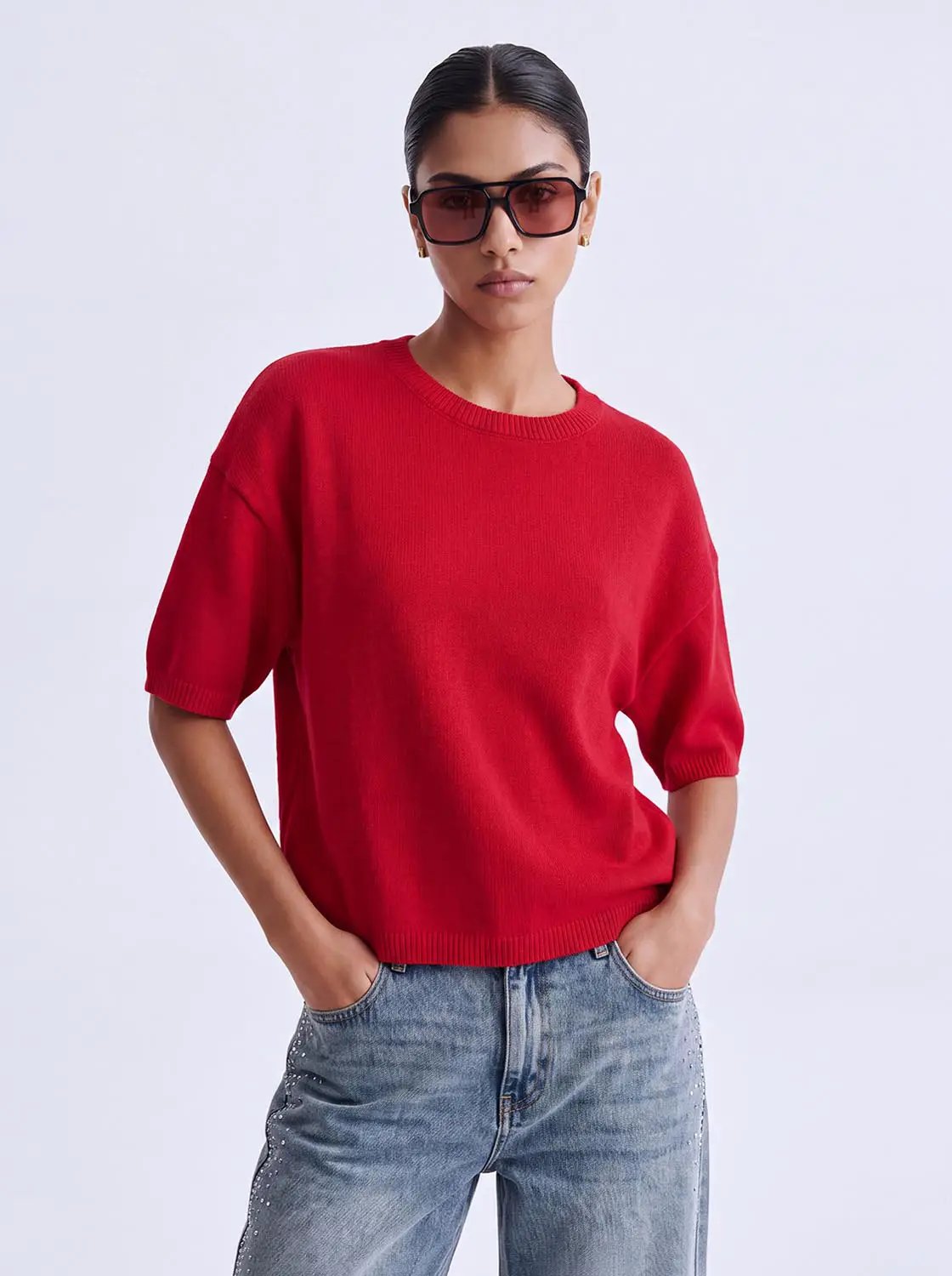 Ribbed Oversized Crew Neck Short Sleeve Knit Sweater