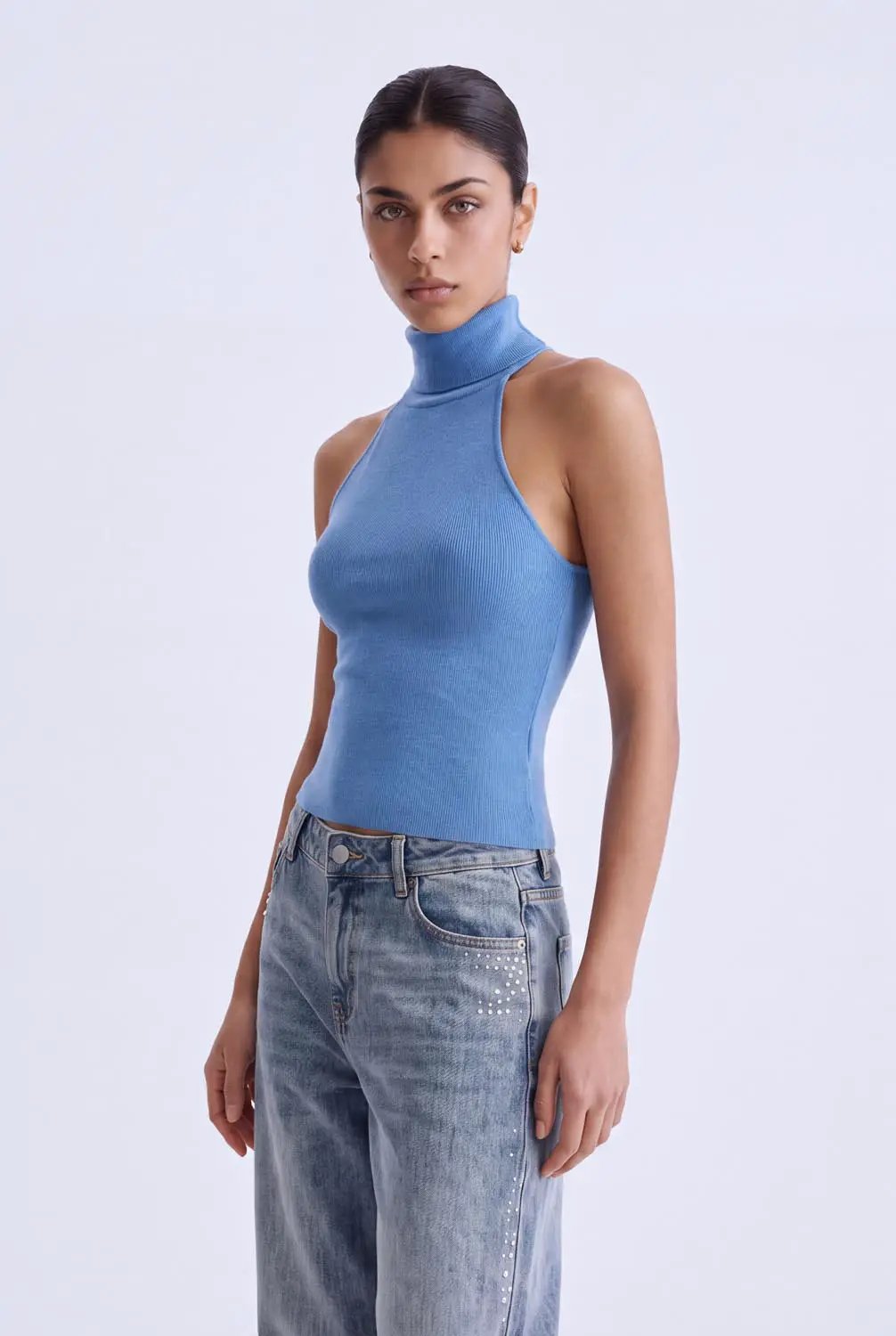 Fitted Ribbed Mock Neck Sleeveless Knit Tank Top