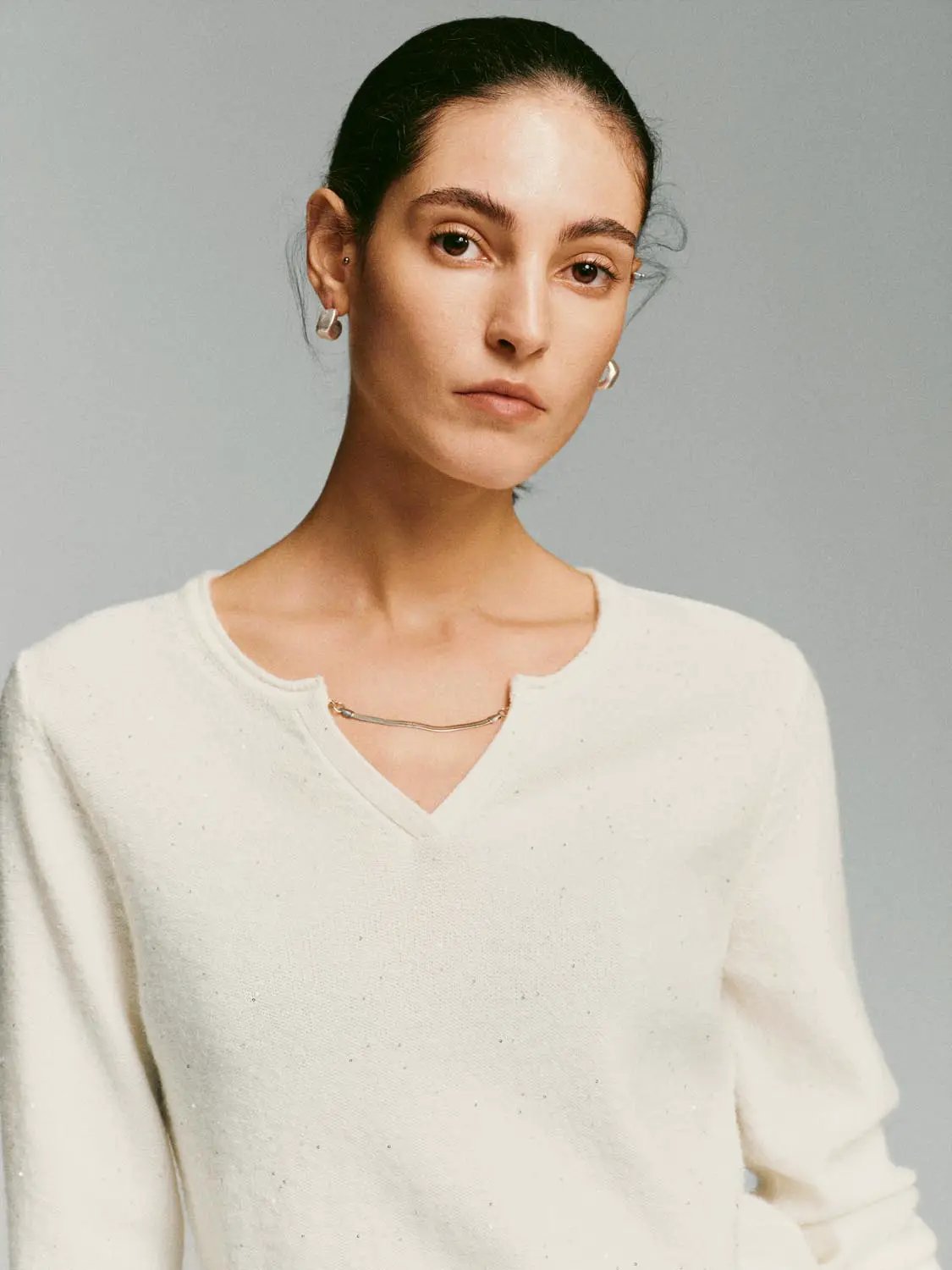 Textured Dotted Ribbed V-neck Long Sleeve Pullover