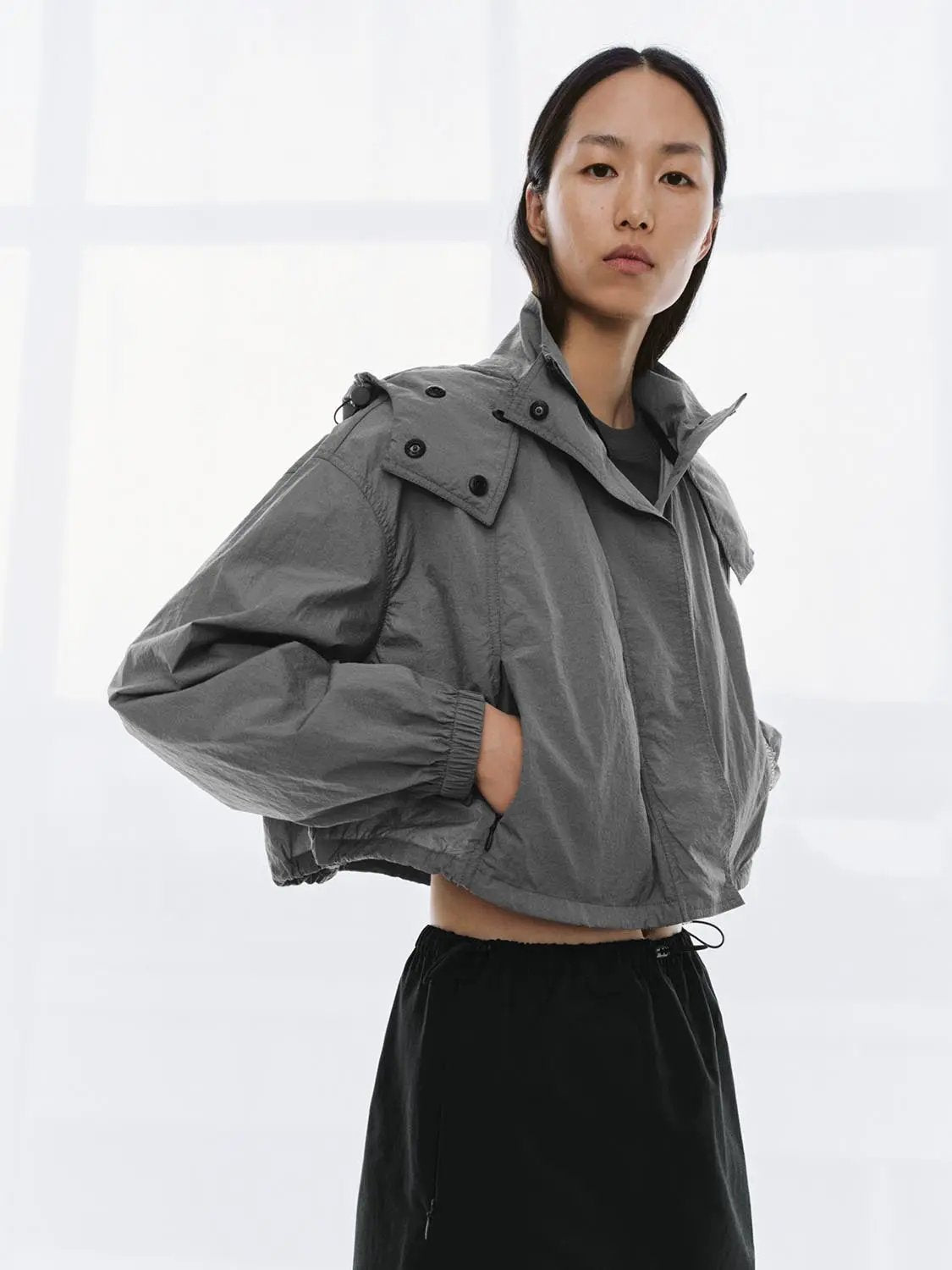 Cropped Long Sleeve Button Detail Jacket