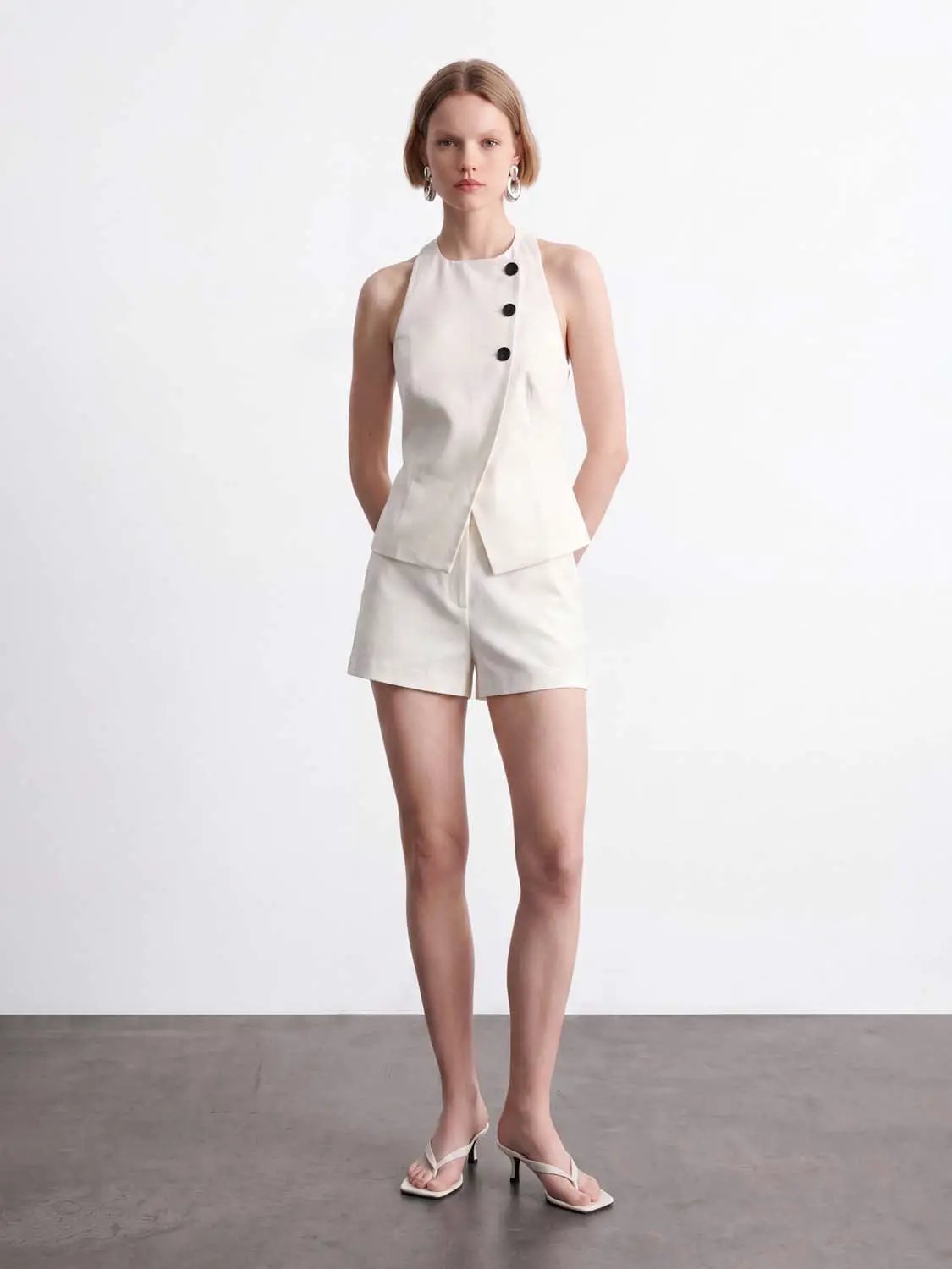 Asymmetric Wrap Button Tailored High Neck Sleeveless Vest