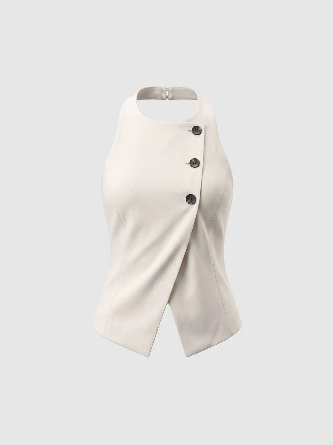 Asymmetric Wrap Button Tailored High Neck Sleeveless Vest