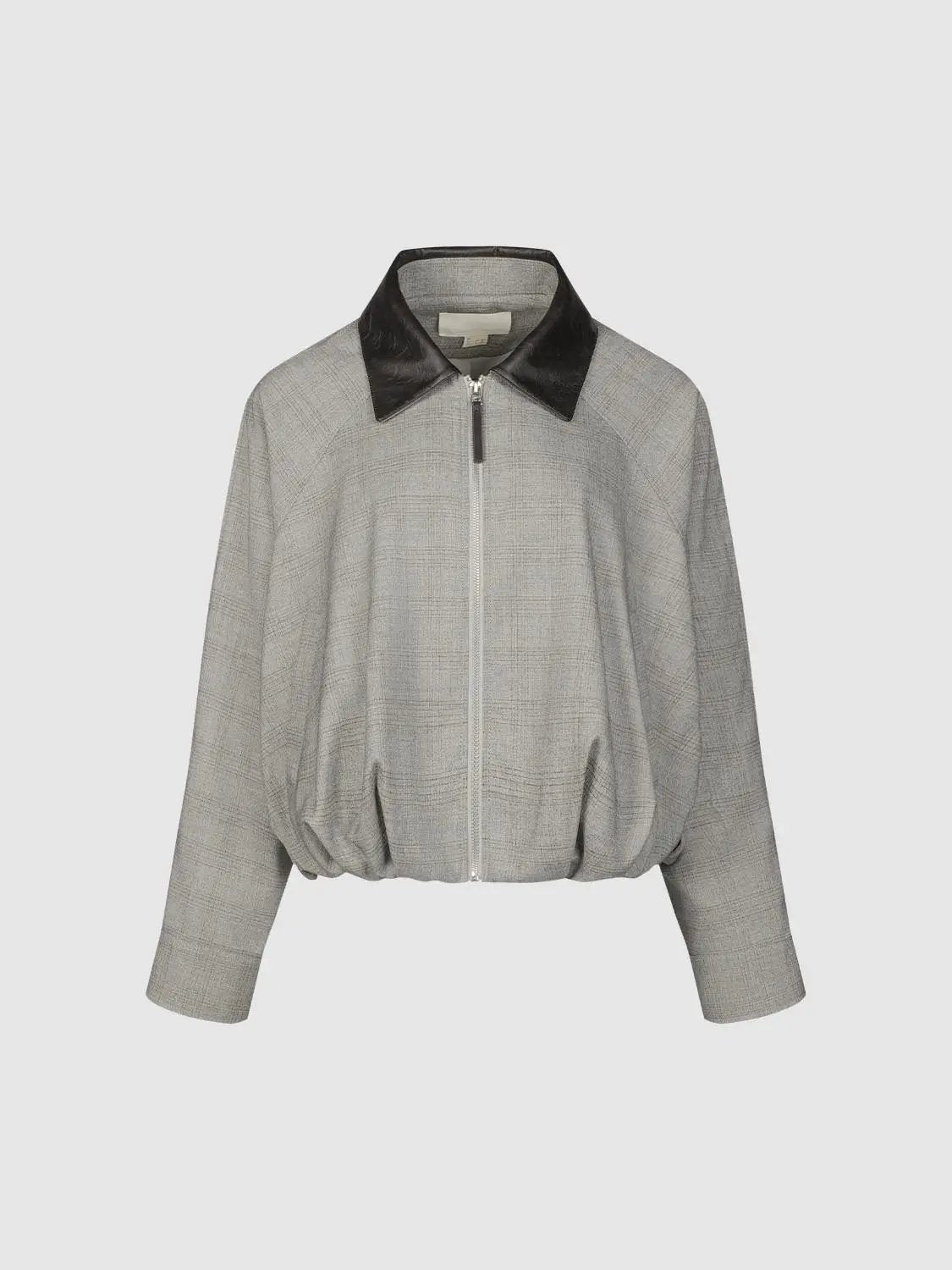 Checked Gathered Leather Collar Zip Long Sleeve Jacket