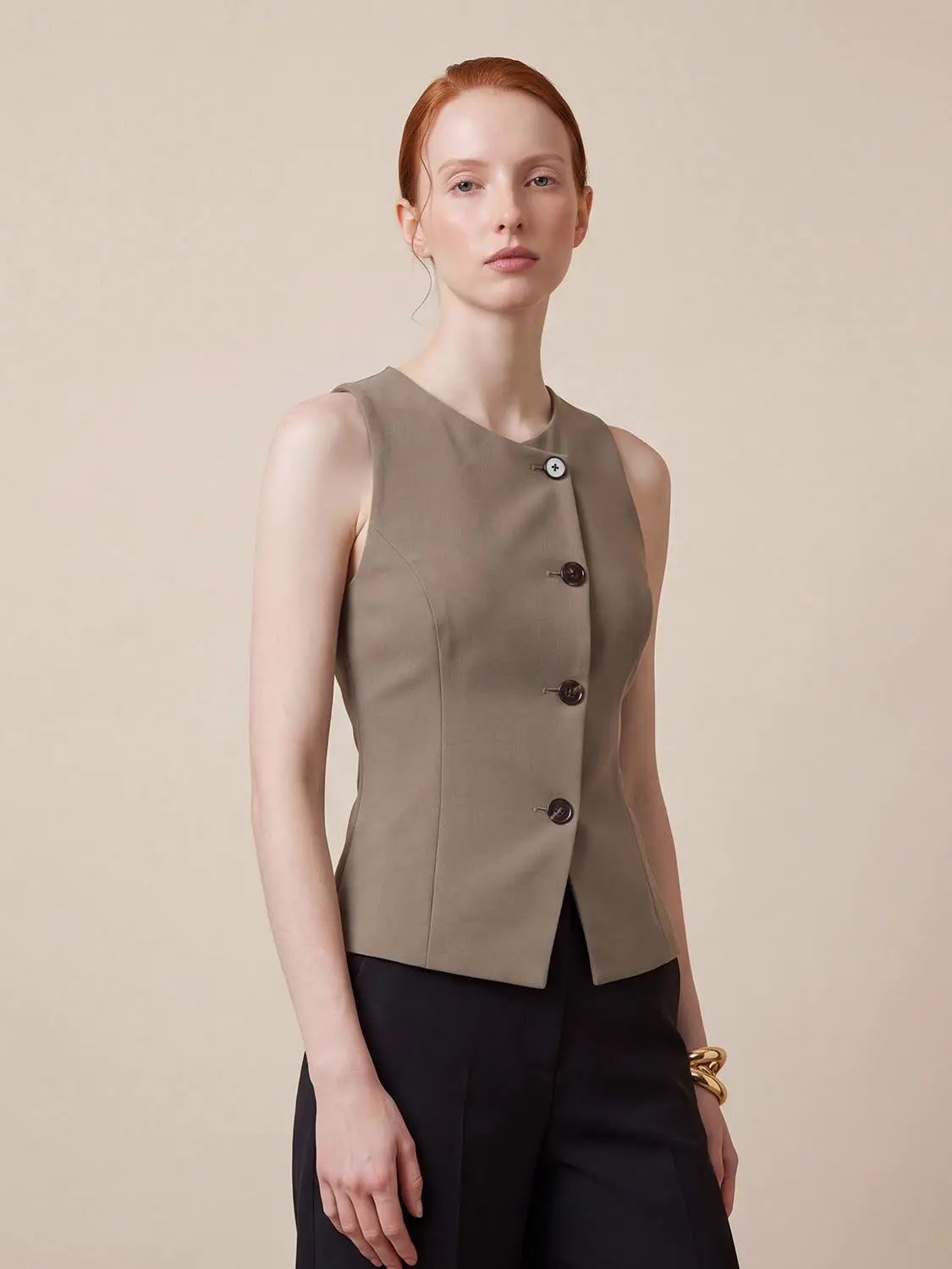 V-neck Button Front Fitted Sleeveless Vest