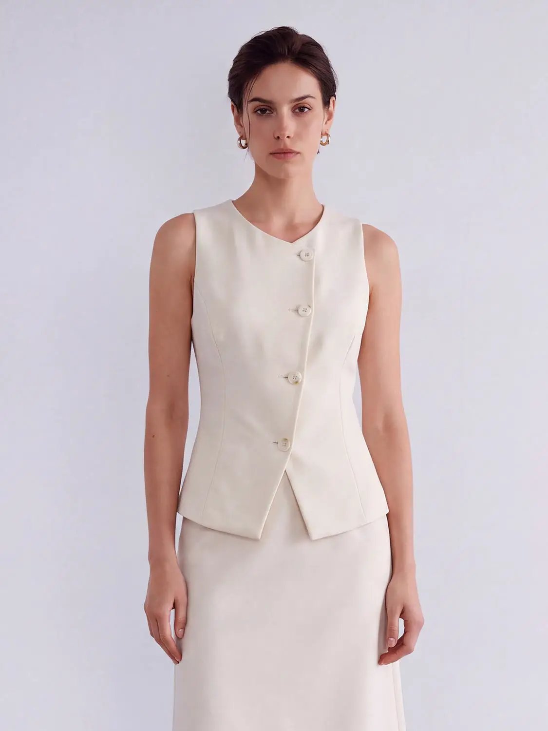 V-neck Button Front Fitted Sleeveless Vest