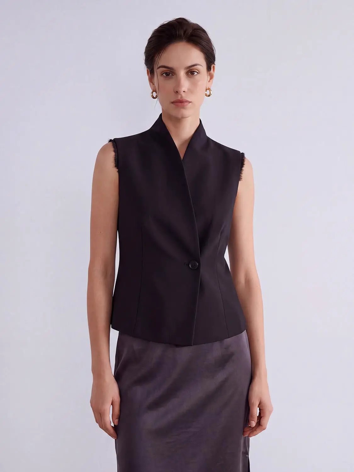 Single Button Raw Armholes Sleeveless Tailored Vest