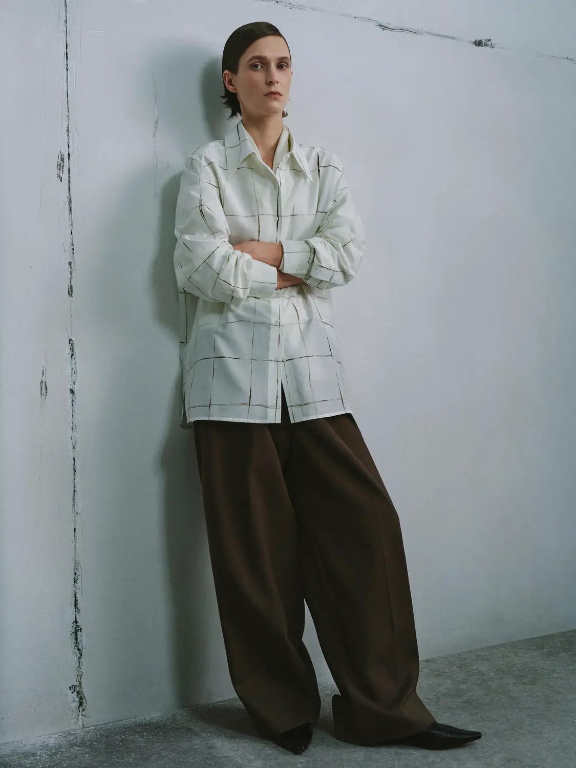 Relaxed Fit Contrast Check Cotton Silk Blend Shirt