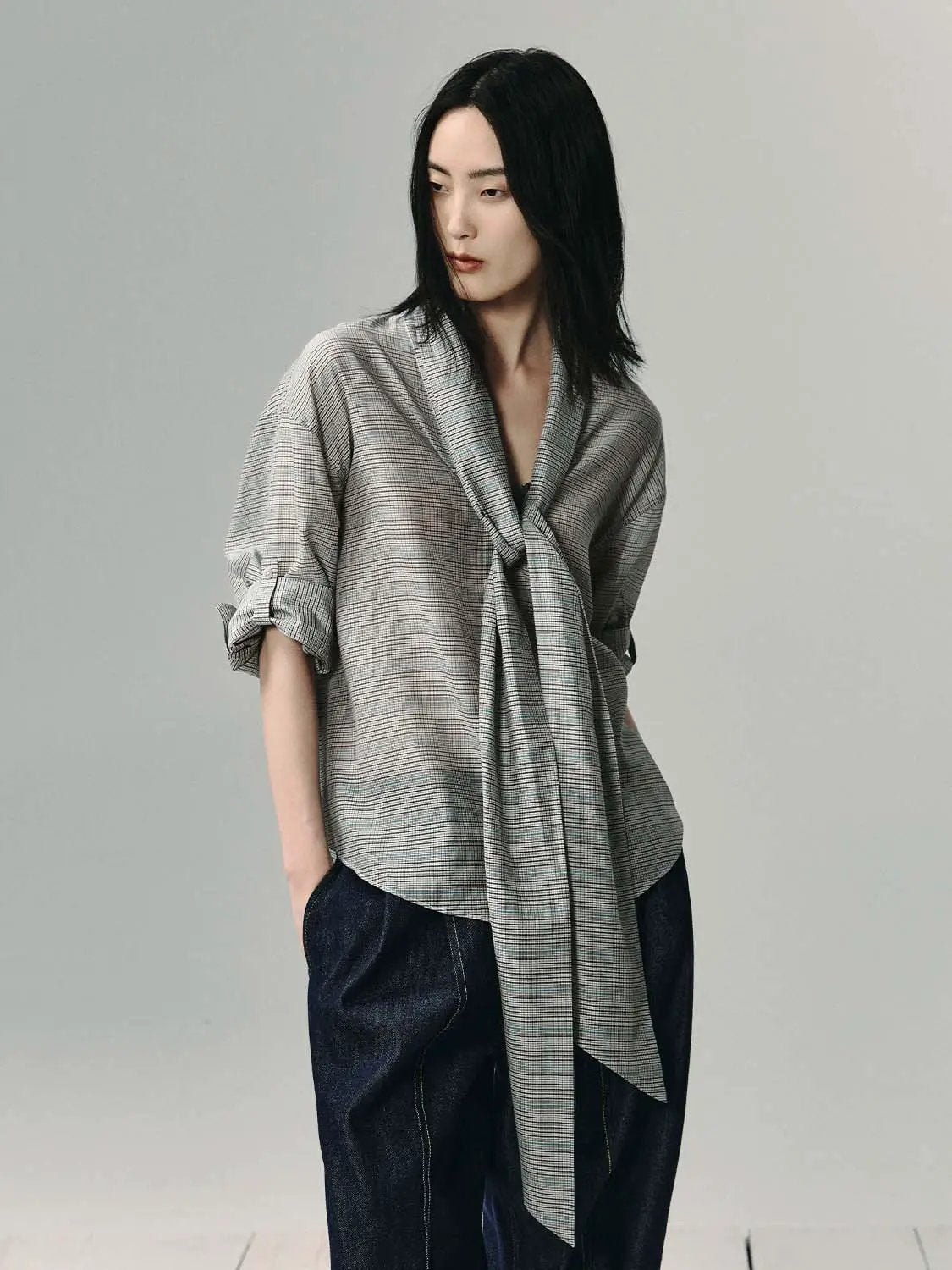 Plaid Tie Front Cotton Silk Shirt