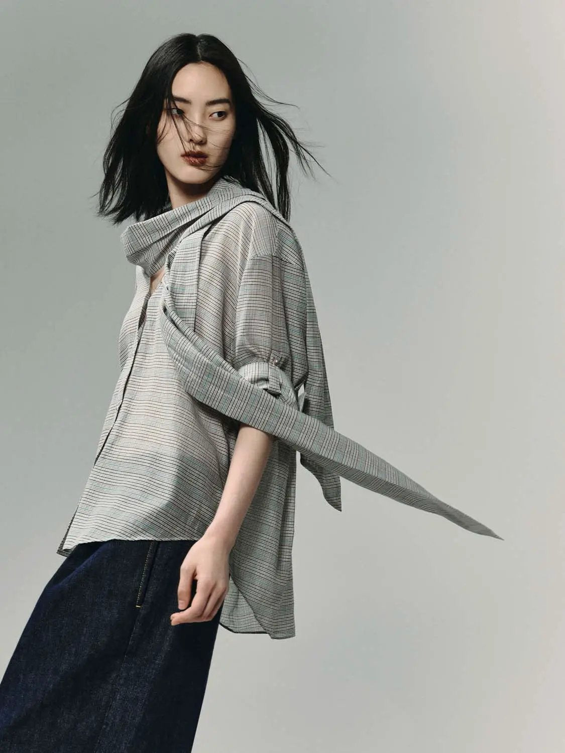 Plaid Tie Front Cotton Silk Shirt