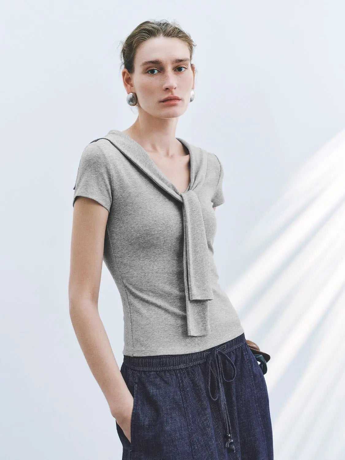 Sailor Collar Short Sleeve Tie Neck Cotton Knit T-Shirt