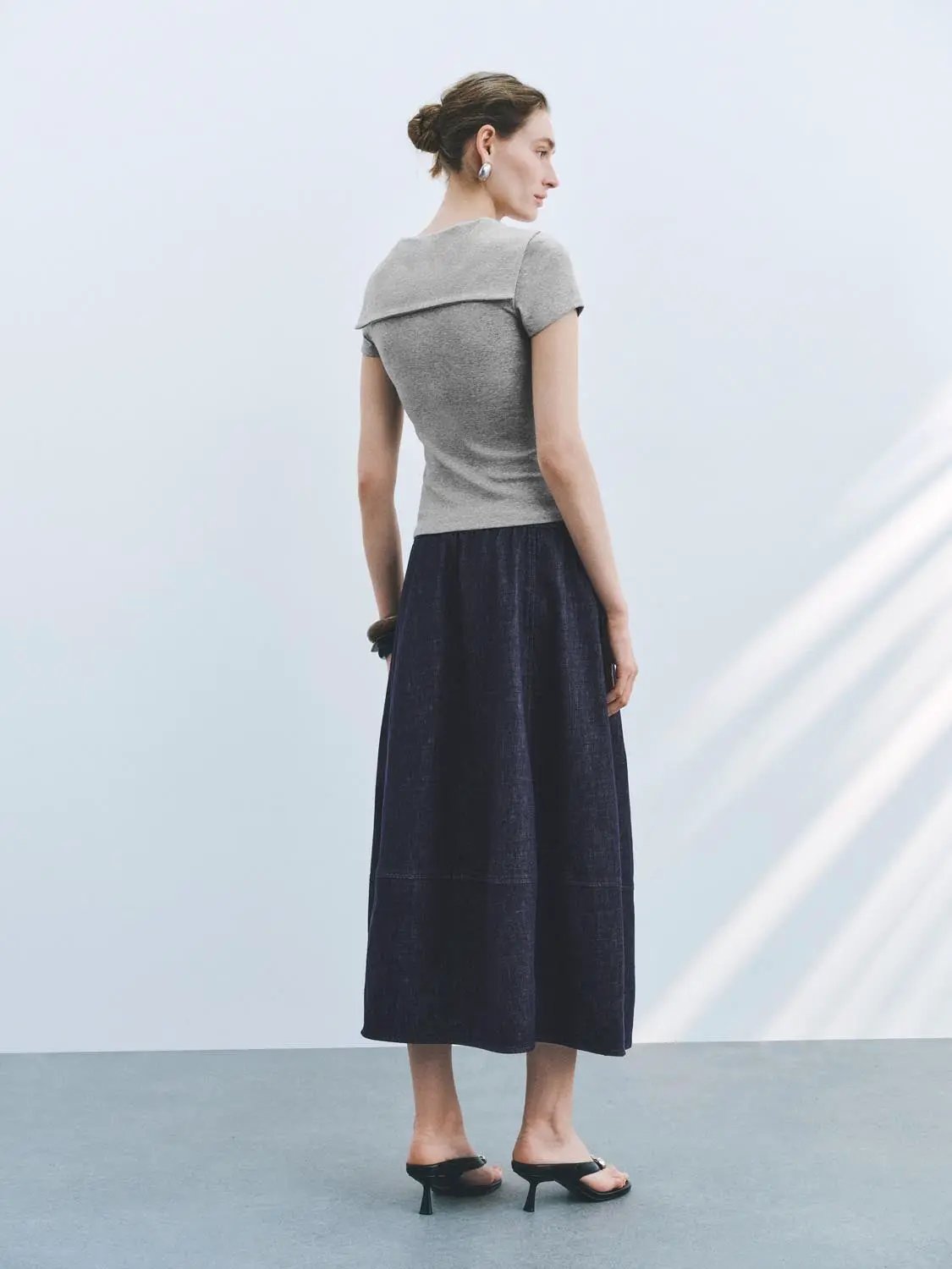 Sailor Collar Short Sleeve Tie Neck Cotton Knit T-Shirt