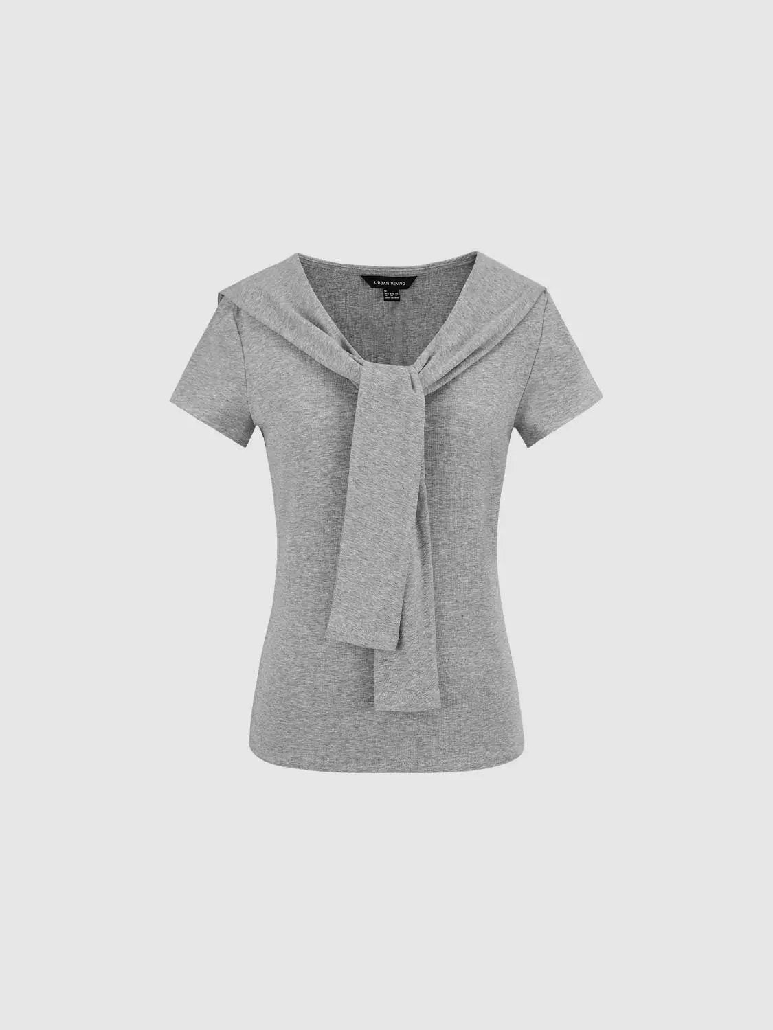 Sailor Collar Short Sleeve Tie Neck Cotton Knit T-Shirt