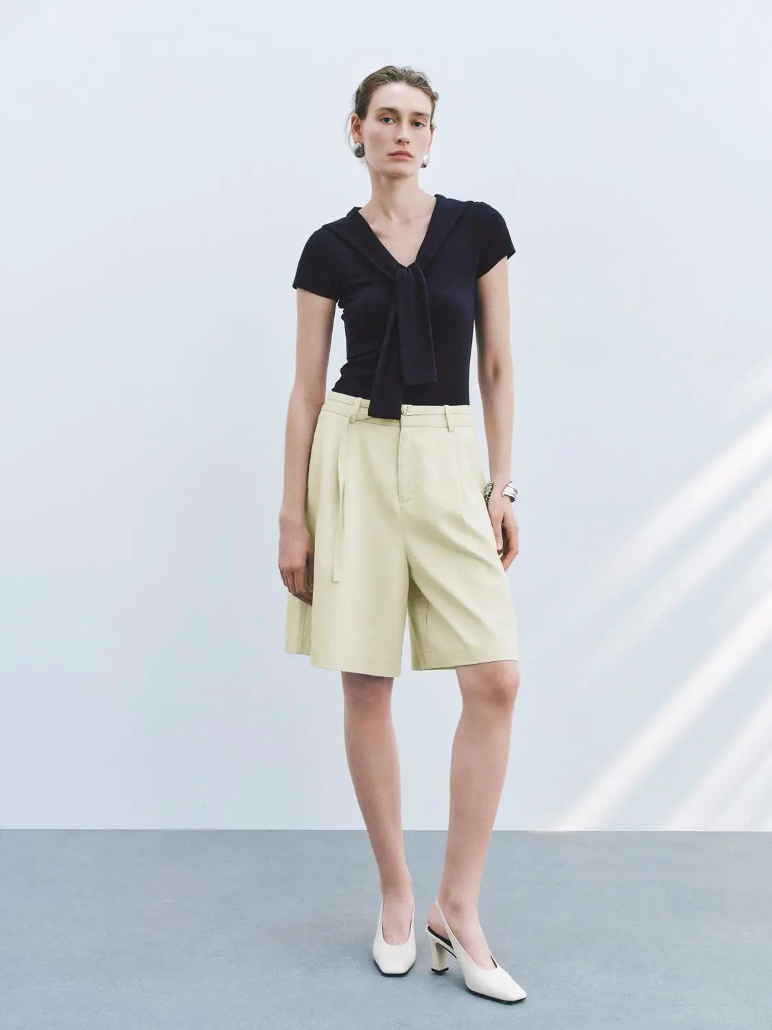 Sailor Collar Short Sleeve Tie Neck Cotton Knit T-Shirt