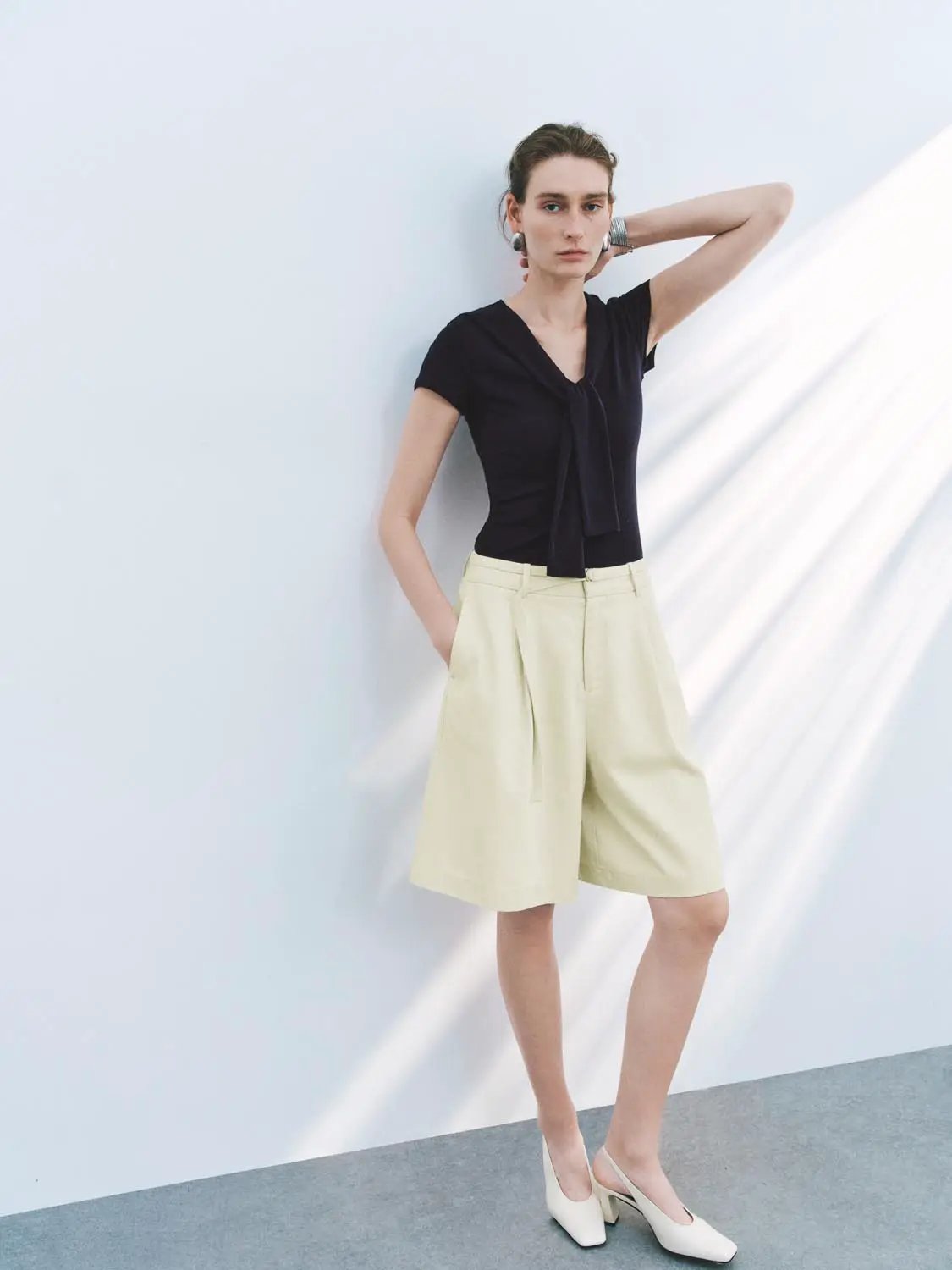 Sailor Collar Short Sleeve Tie Neck Cotton Knit T-Shirt