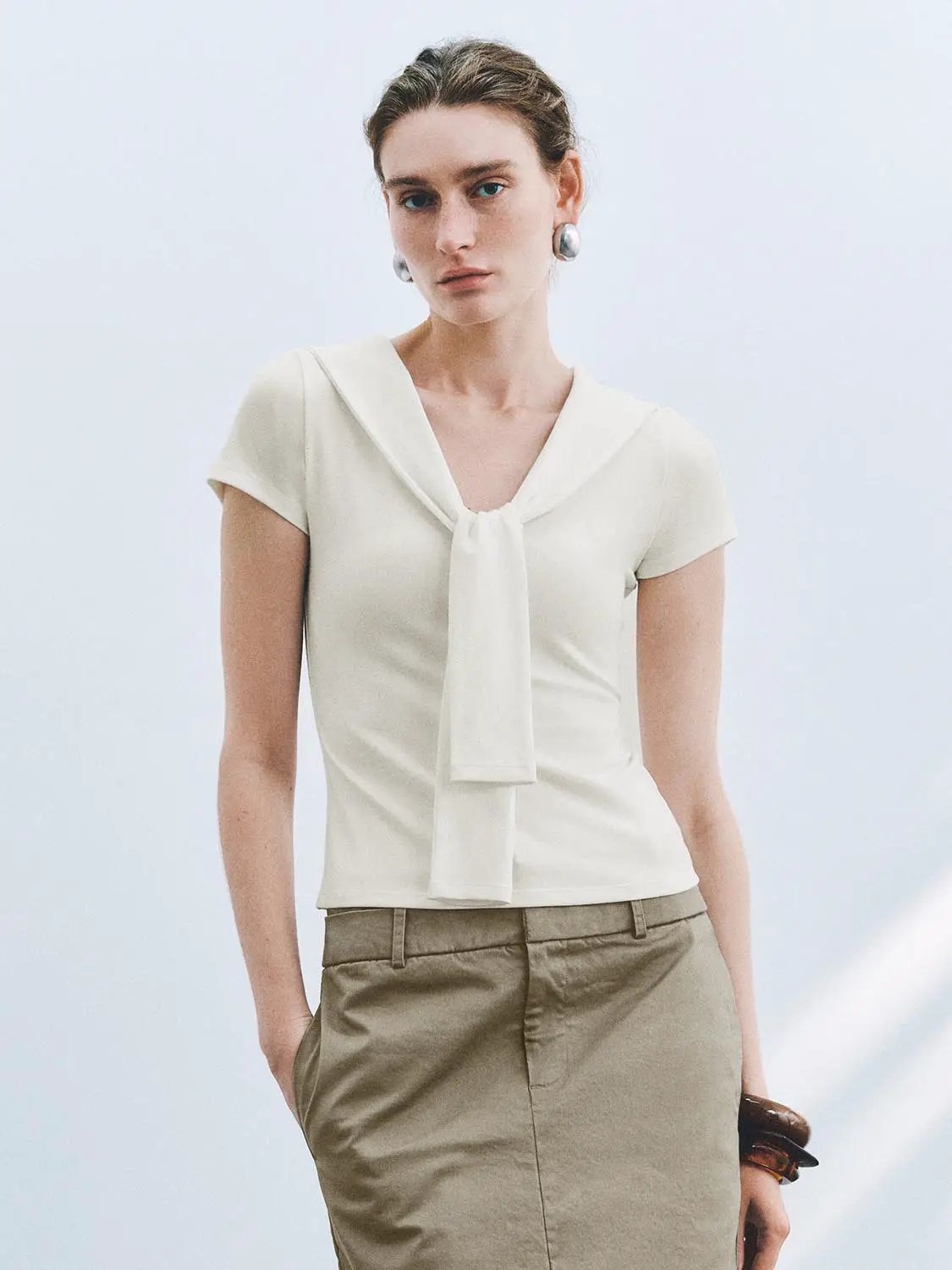 Sailor Collar Short Sleeve Tie Neck Cotton Knit T-Shirt