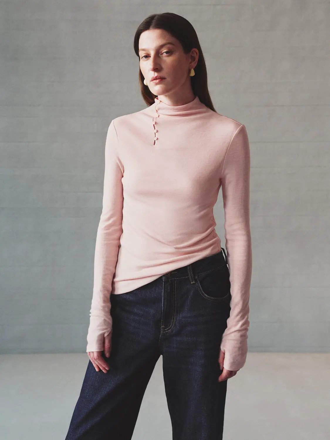 Slim Fit Thin Mock Neck Button Front Long Sleeve Wool Sweater