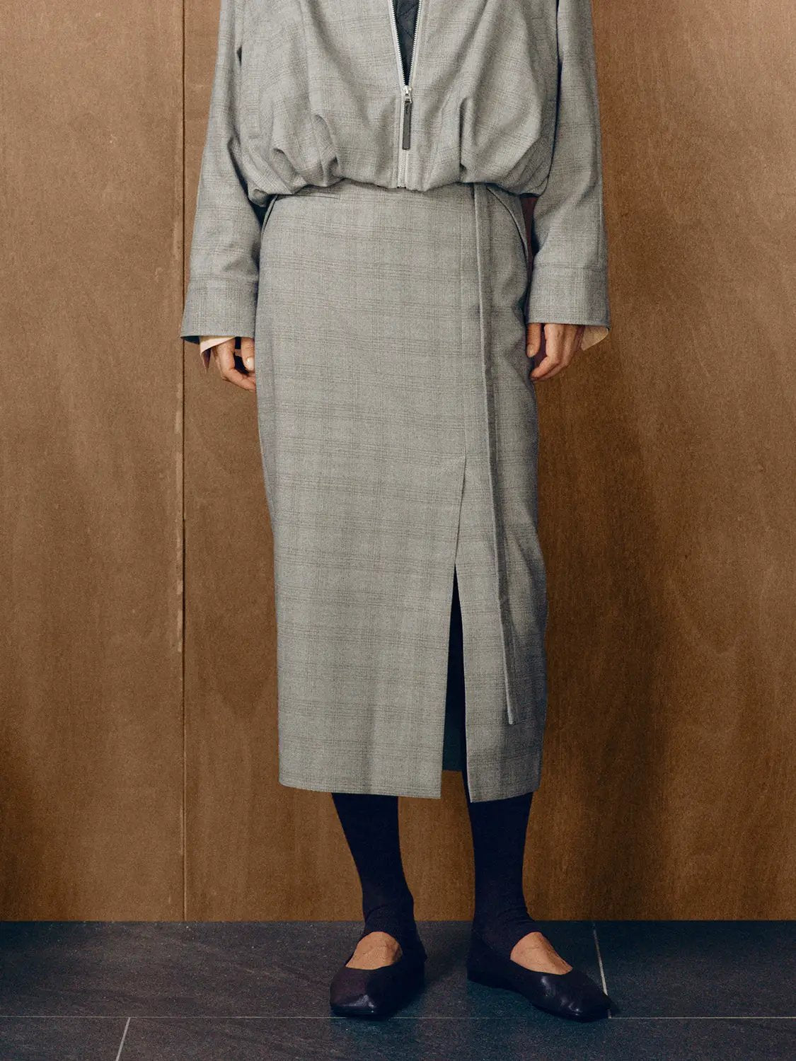 Checked Wrap Belted Straight High-waisted Midi Skirt