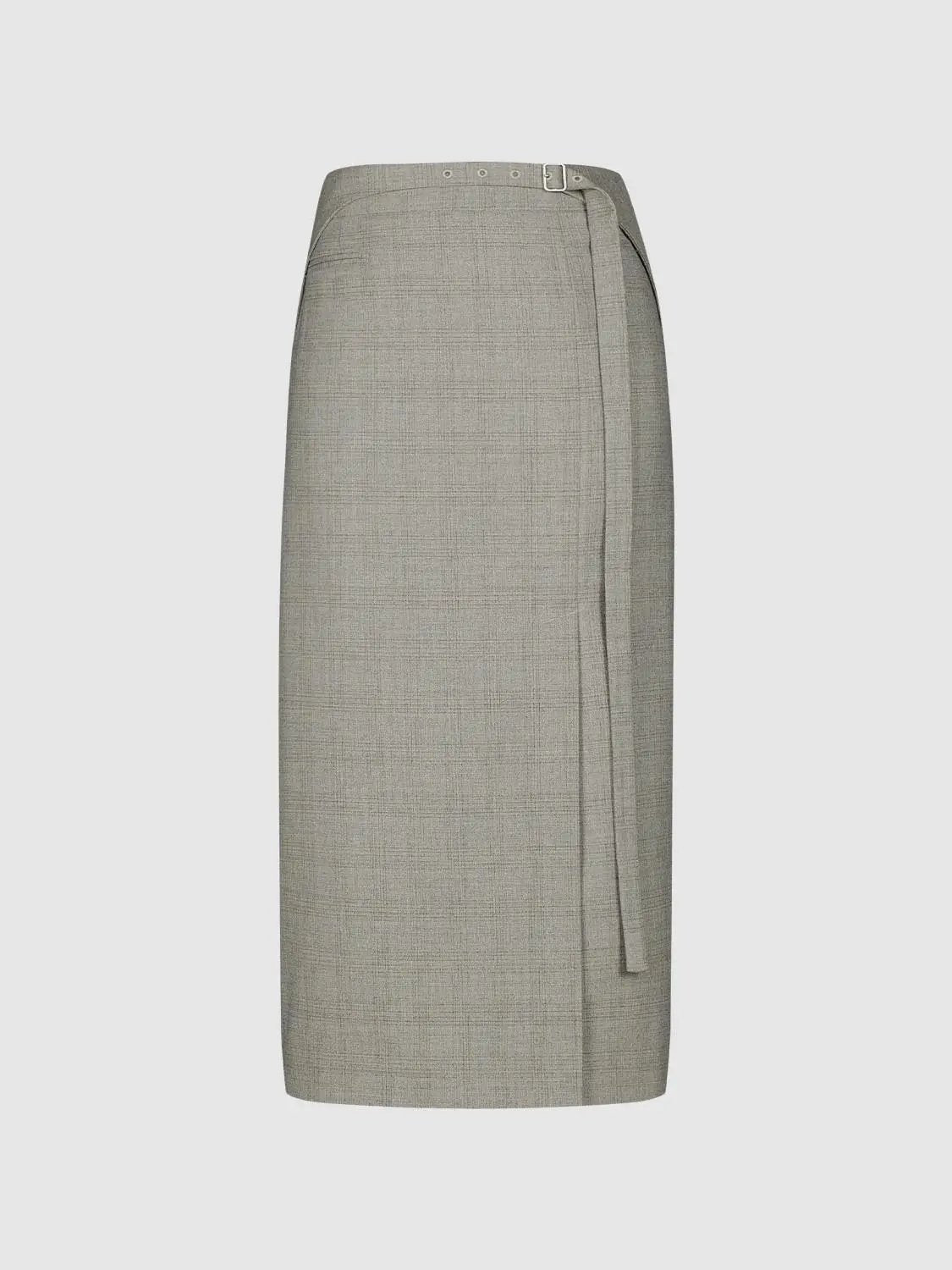 Checked Wrap Belted Straight High-waisted Midi Skirt