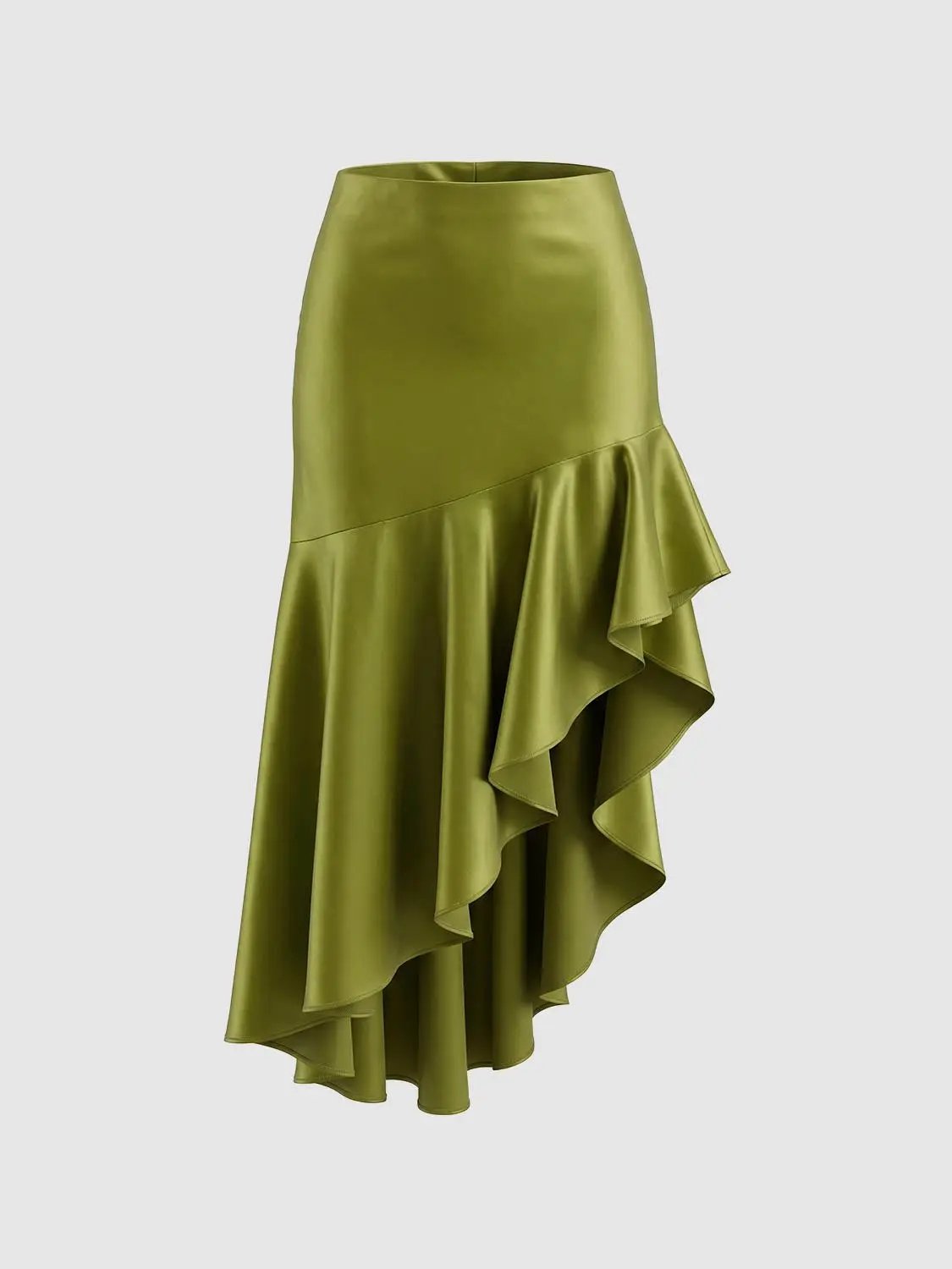 Fitted High-waisted Ruffle Asymmetric Midi Skirt