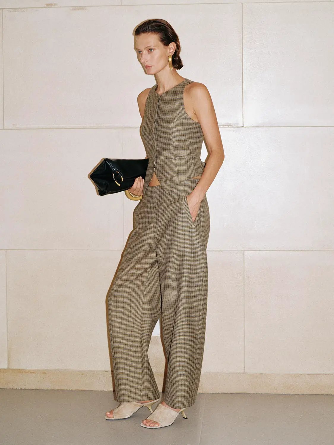 Checked Mid-rise Linen Blend Tapered Pants