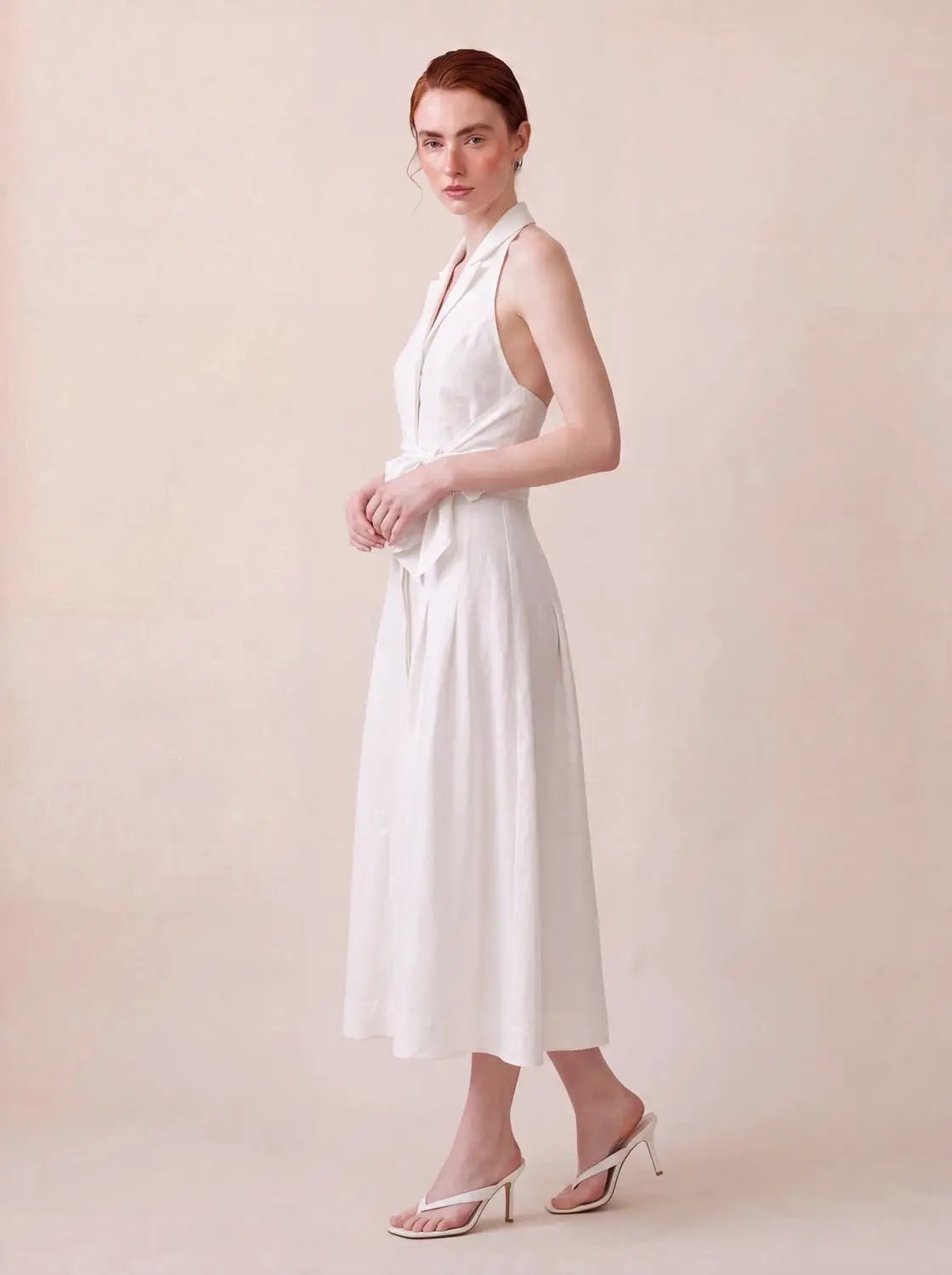 Tie Waist A-Line Collared Sleeveless Maxi Cotton Linen Dress