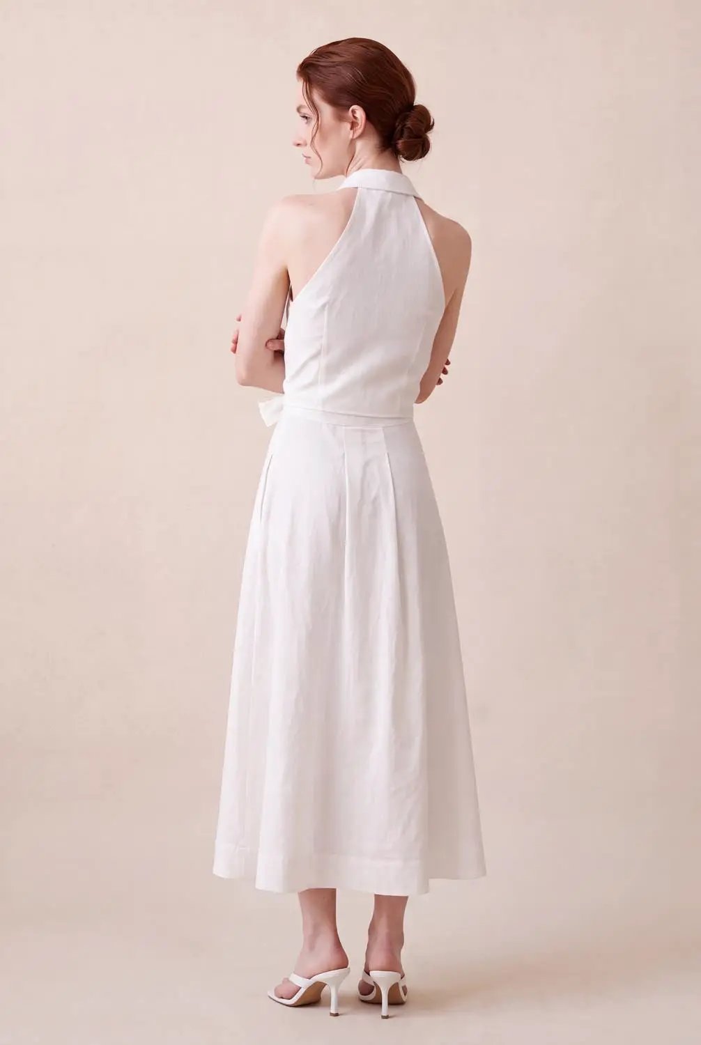 Tie Waist A-Line Collared Sleeveless Maxi Cotton Linen Dress