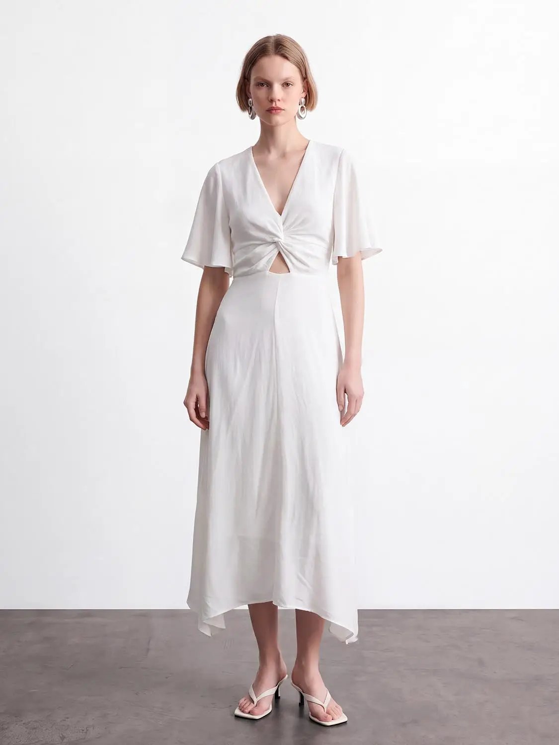 Twist Front Asymmetric Hem V-neck Short Sleeve Maxi Dress
