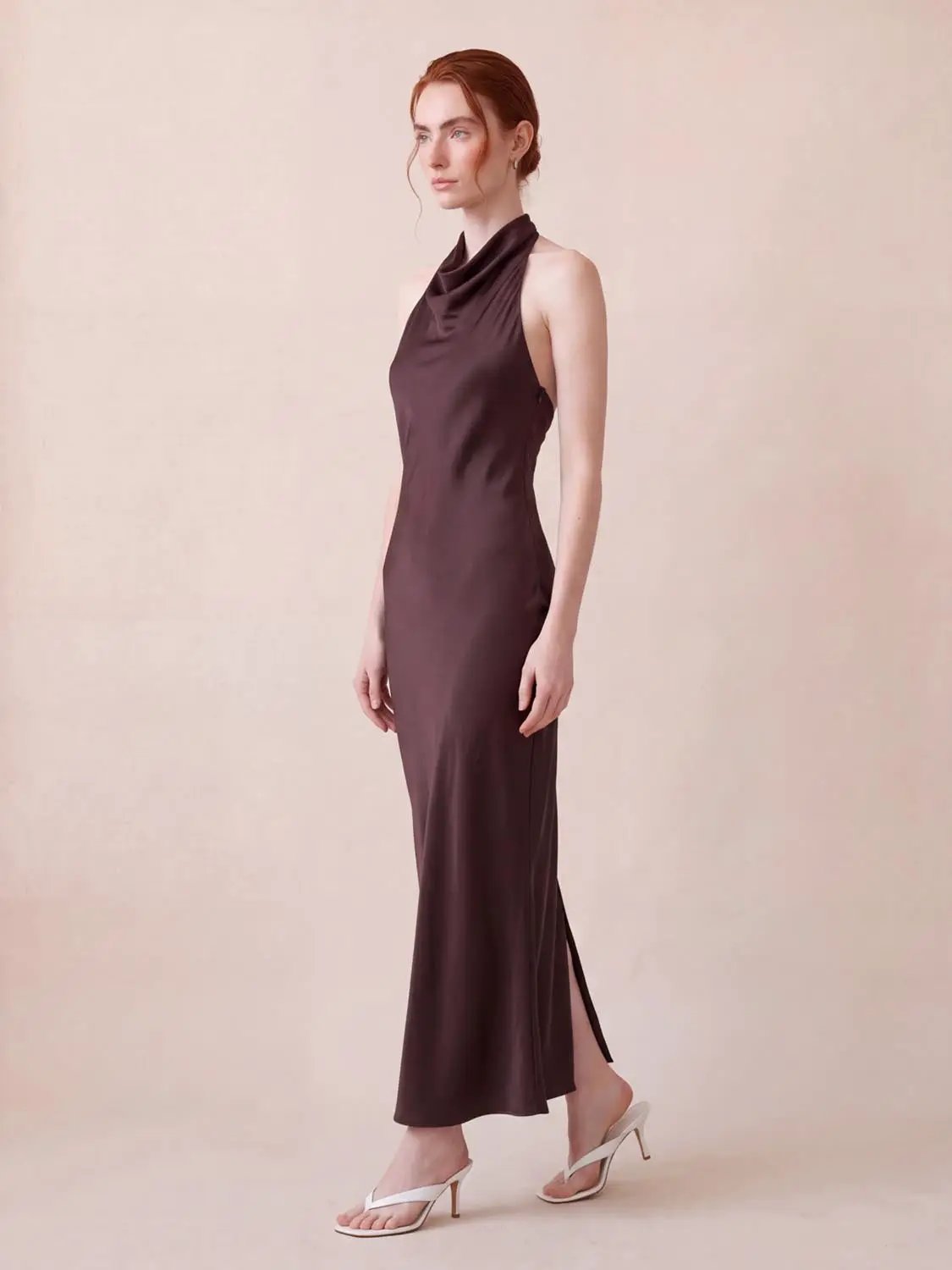 Draped Cowl Neck Sleeveless Fitted Maxi Dress