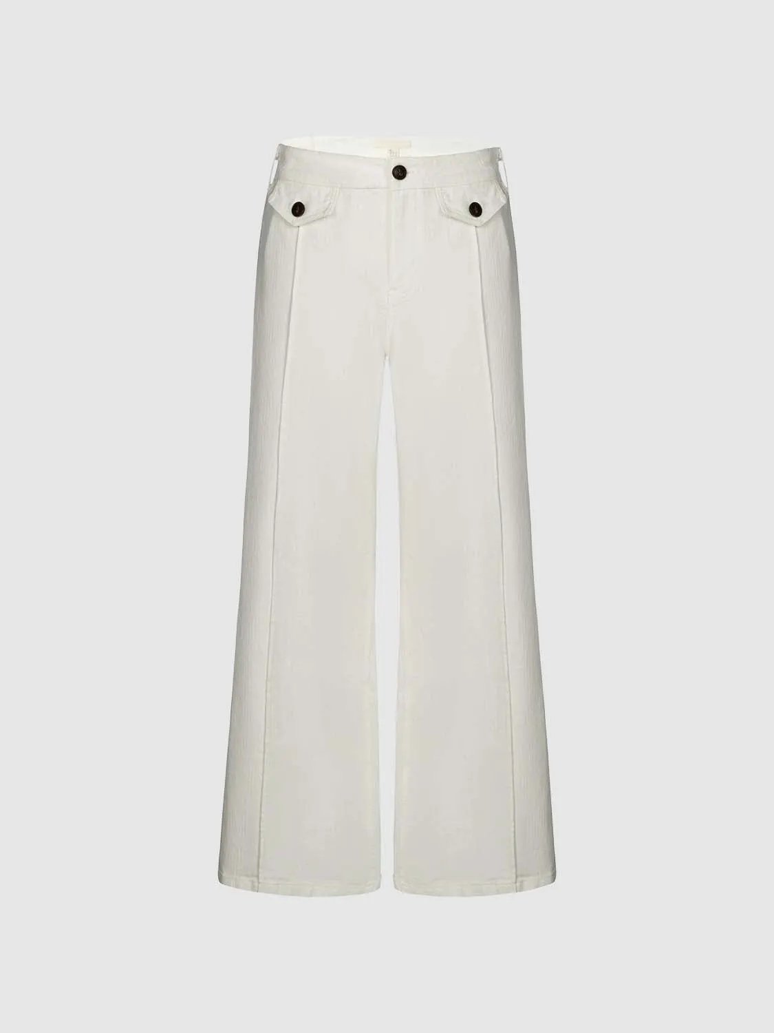 Buttoned Wide-leg Cotton Denim White Pants