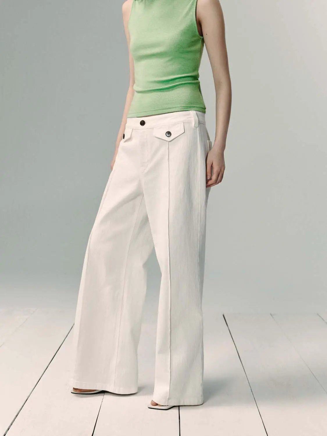 Buttoned Wide-leg Cotton Denim White Pants