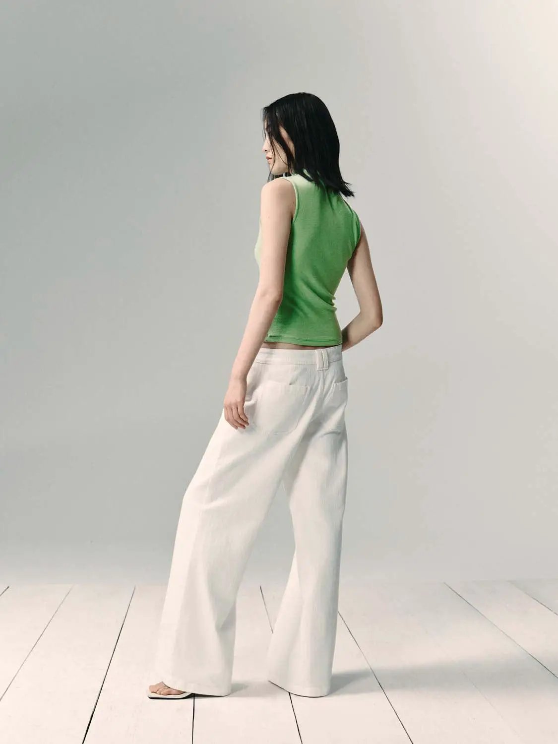 Buttoned Wide-leg Cotton Denim White Pants