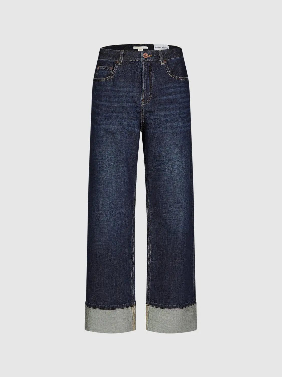Cuffed Wash Wide-leg Mid-rise Cotton Jeans