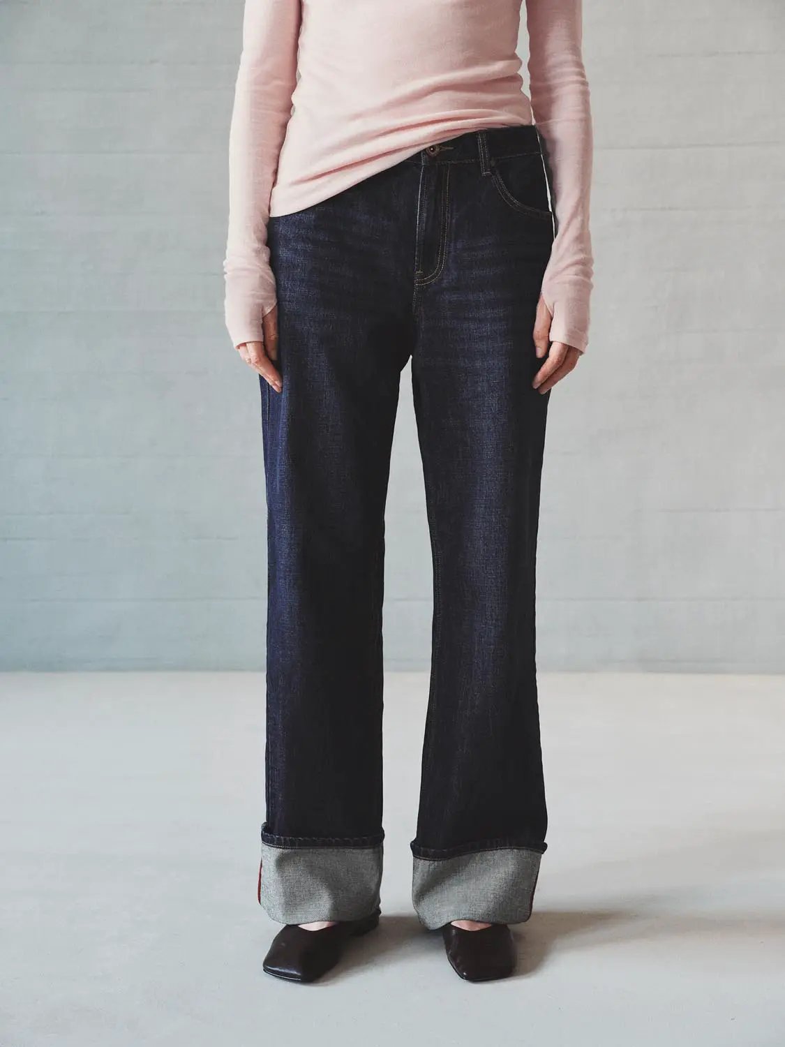 Cuffed Wash Wide-leg Mid-rise Cotton Jeans