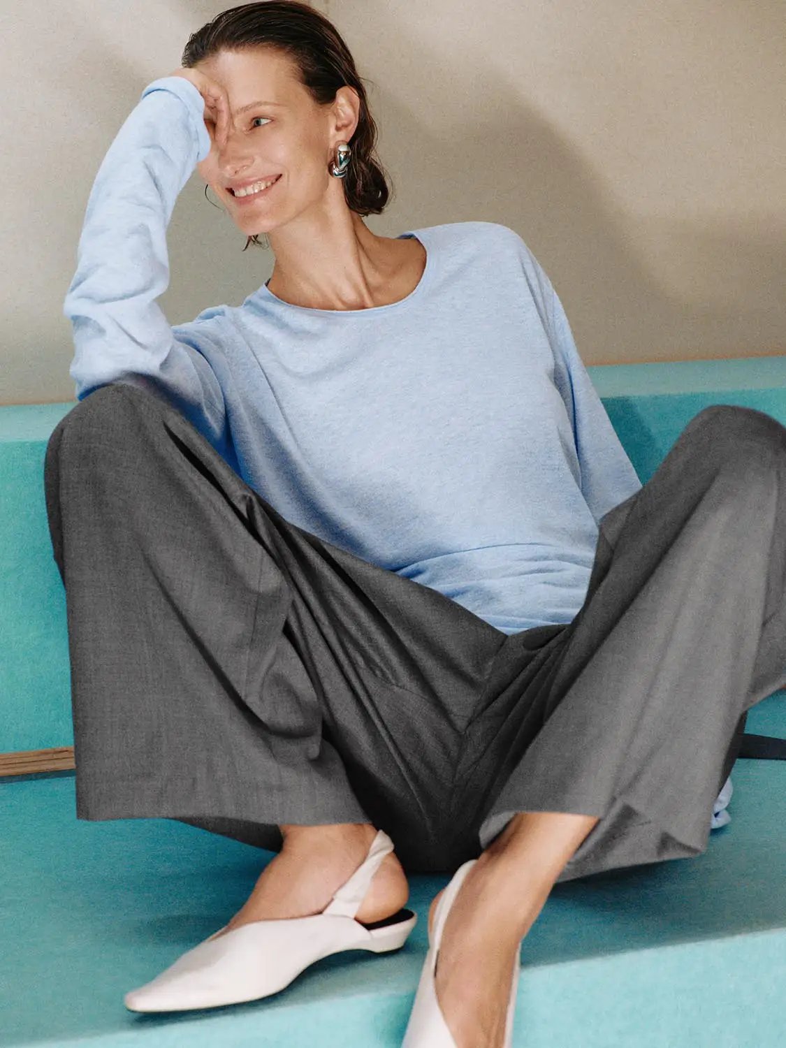 Crew Neck Long Sleeve Knit Cotton Linen T-Shirt