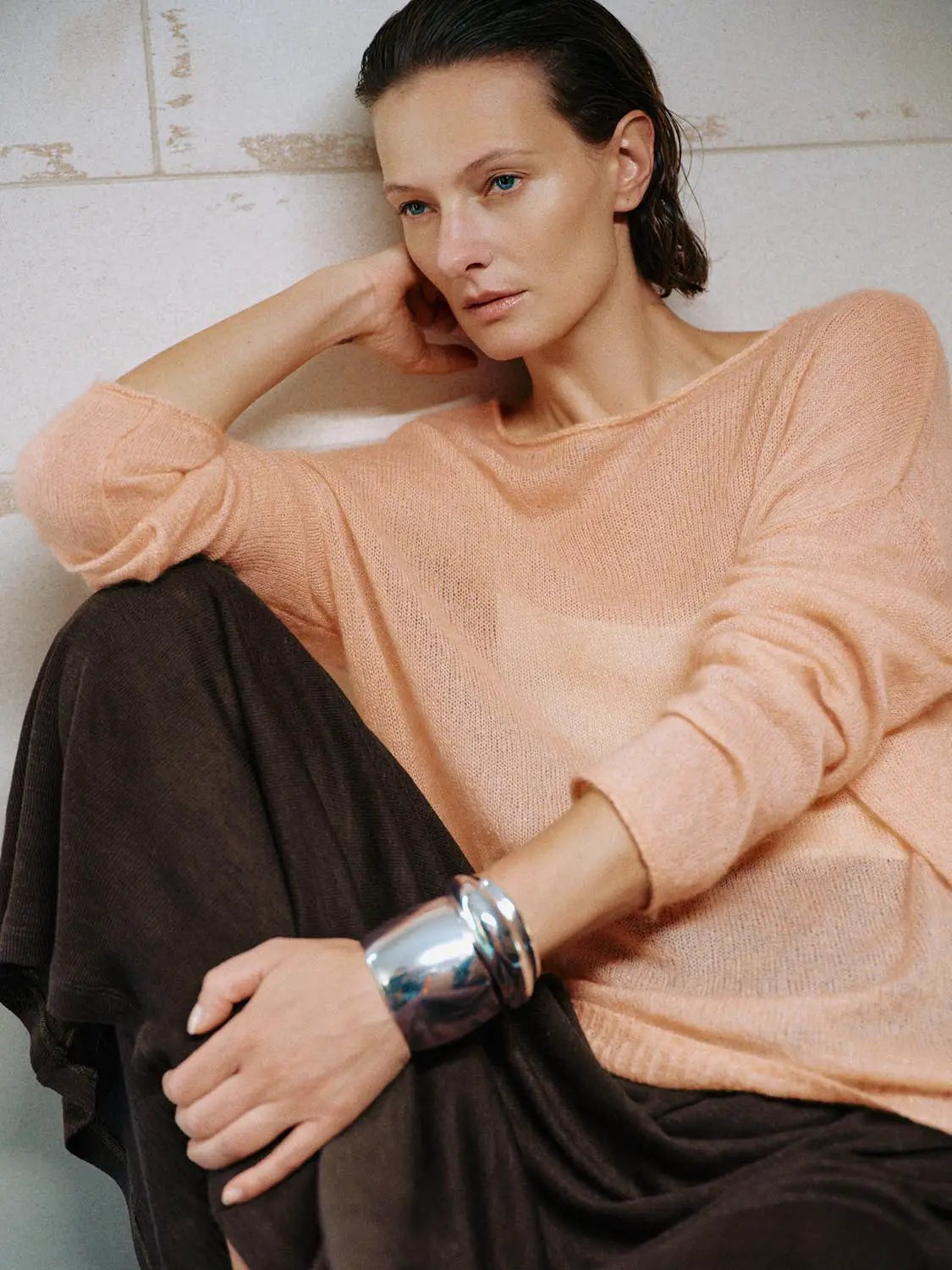 Ribbed Oversized Boat Neck Long Sleeve Wool Blend Sweater