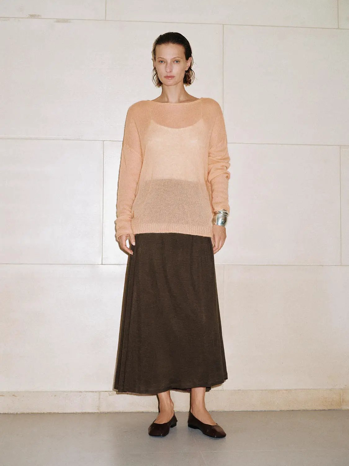 Ribbed Oversized Boat Neck Long Sleeve Wool Blend Sweater