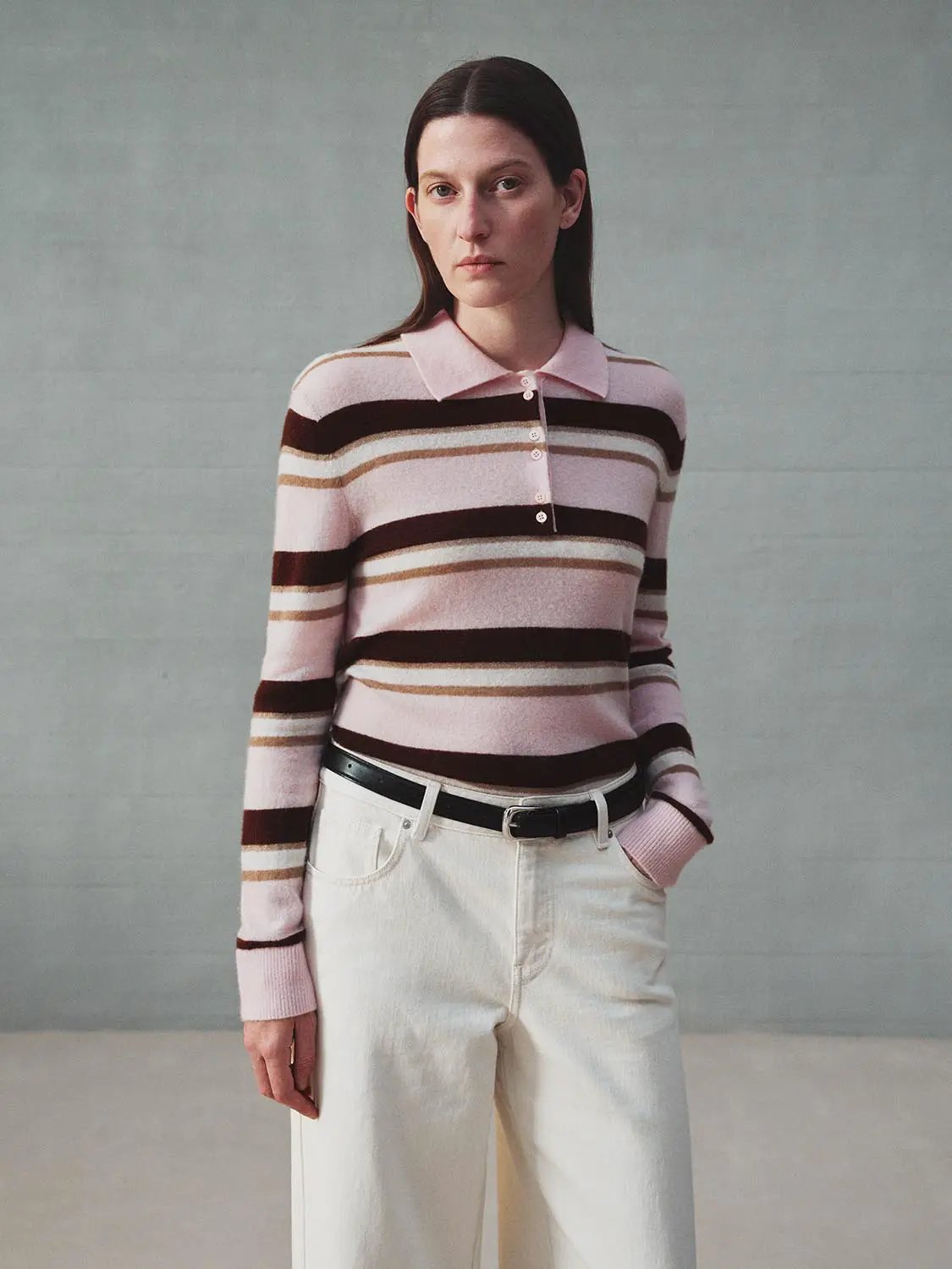 Striped Long Sleeve Polo Collar Fitted Knit Sweater