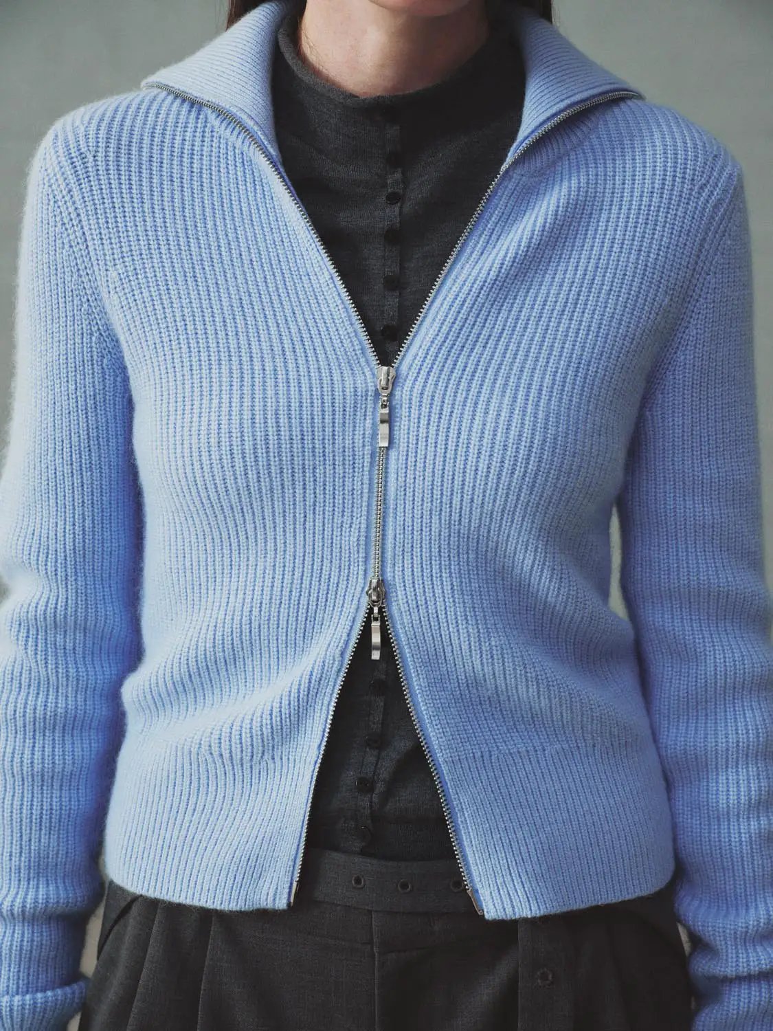 Cropped Ribbed Long Sleeve Zip-up Knit Jacket
