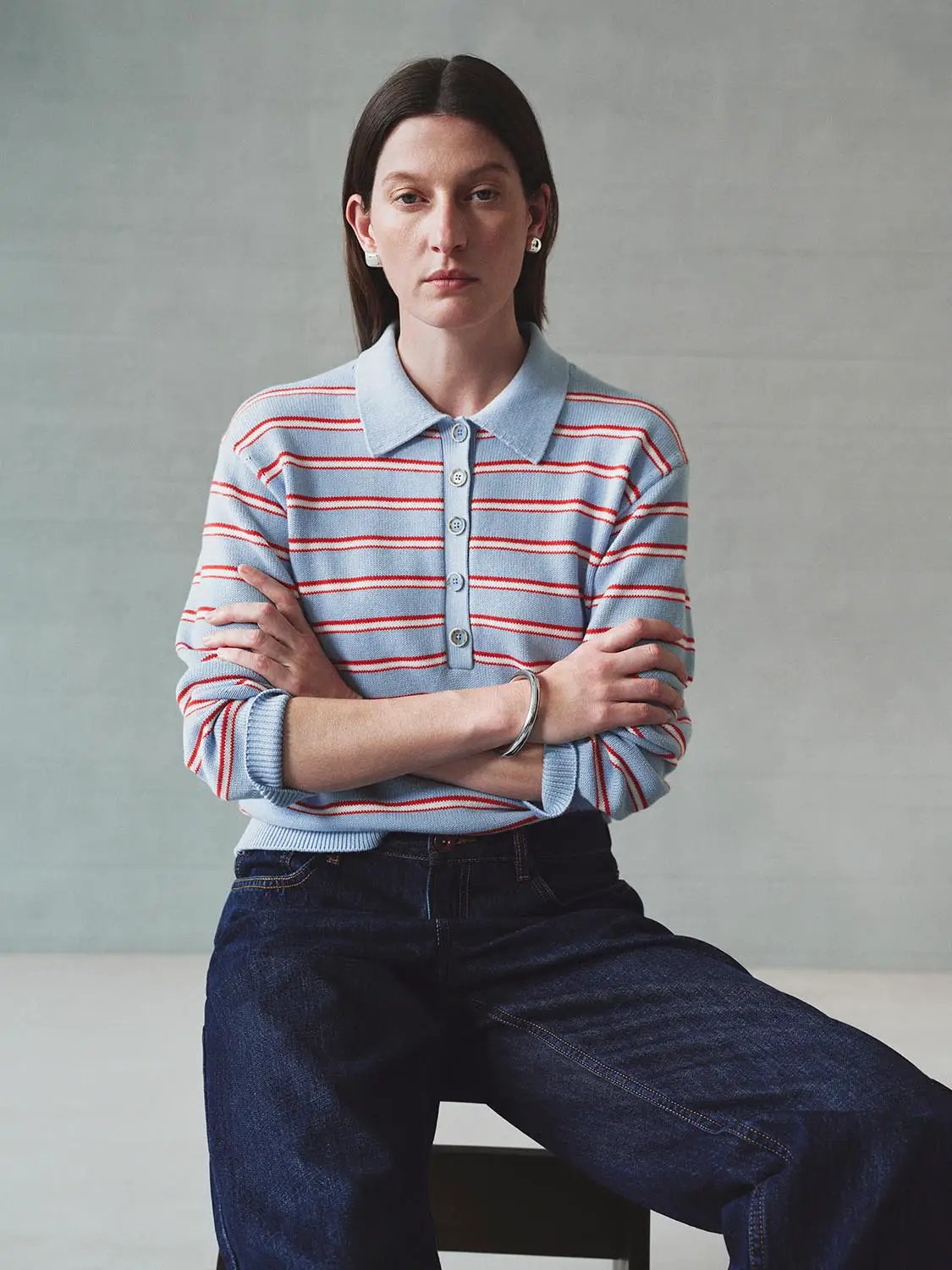 Striped Long Sleeve Polo Collar Cotton Blend Knit Top