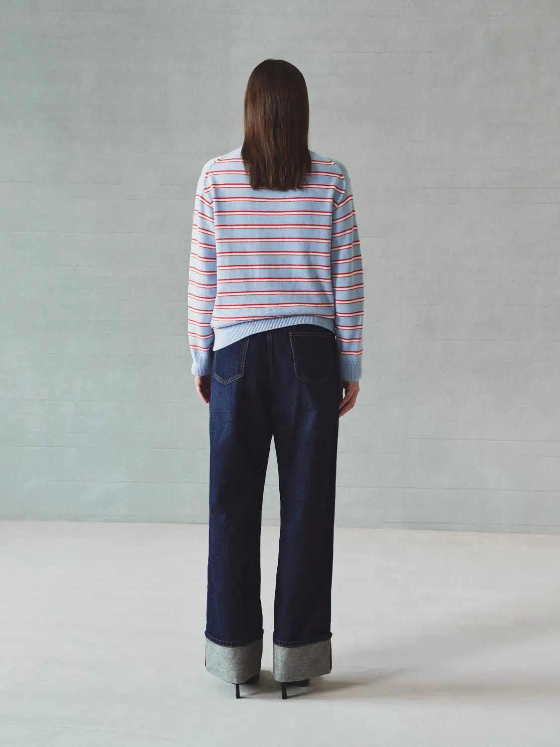Striped Long Sleeve Polo Collar Cotton Blend Knit Top