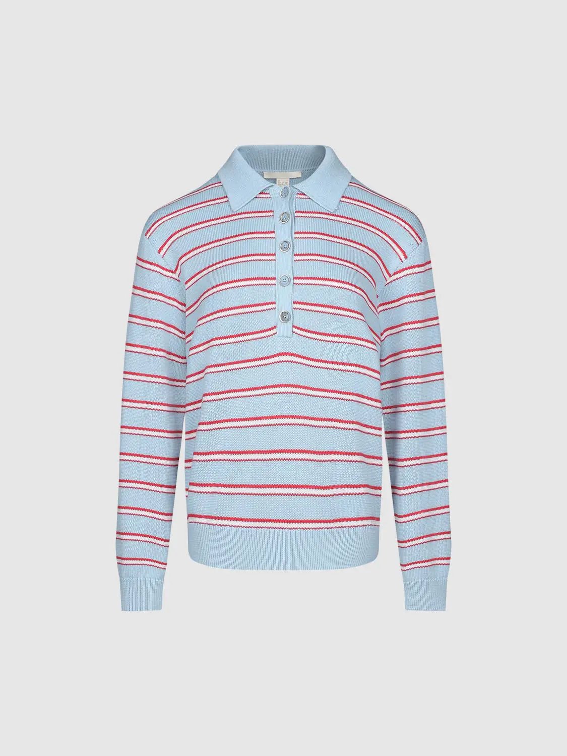 Striped Long Sleeve Polo Collar Cotton Blend Knit Top
