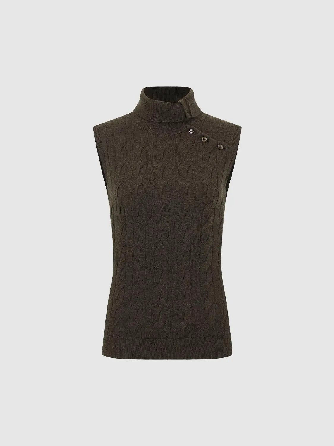 Cable Knit Asymmetric Button Mock Neck Sleeveless Vest