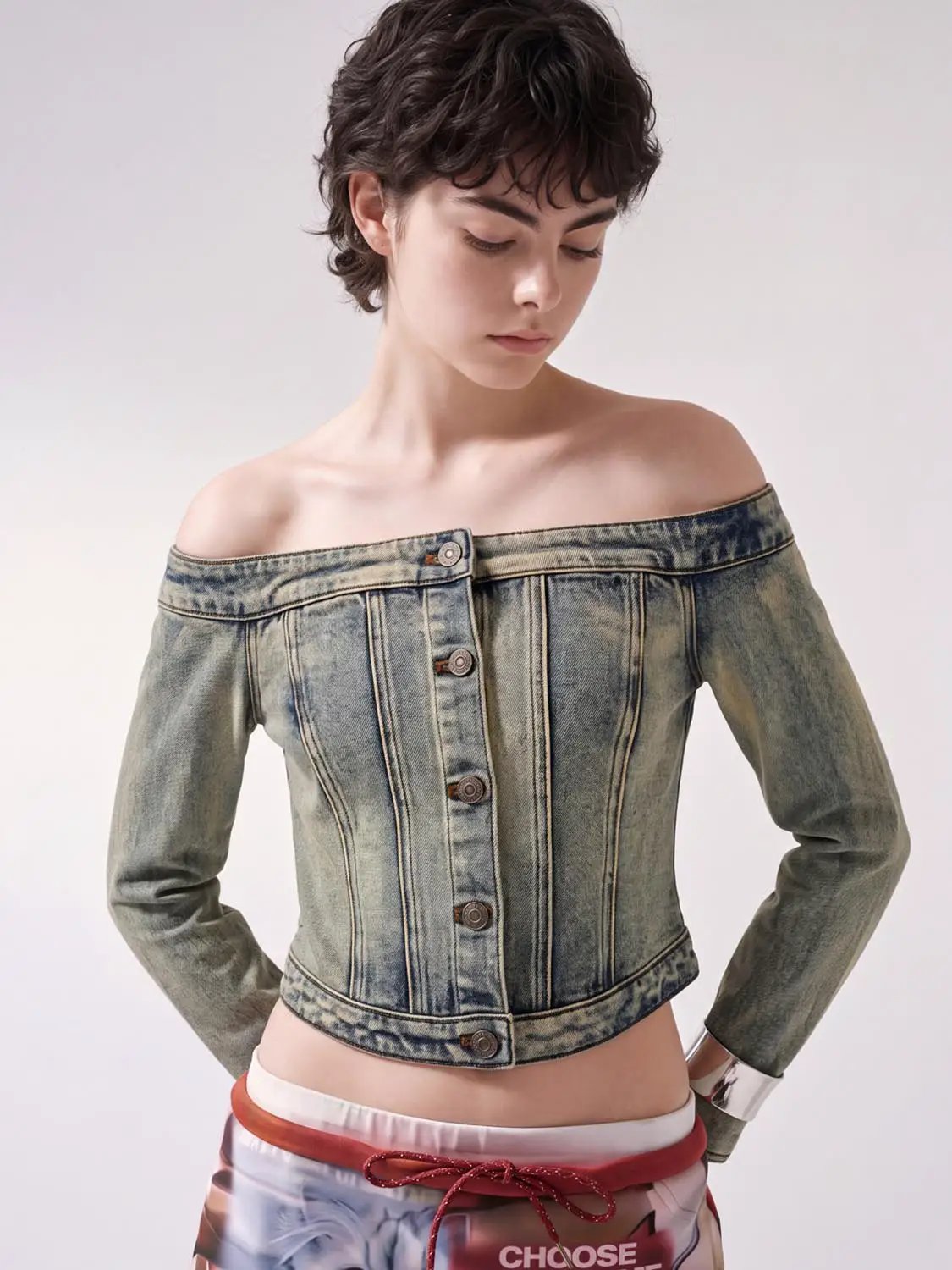 Long Sleeve Off Shoulder Button Washed Denim Cropped Top