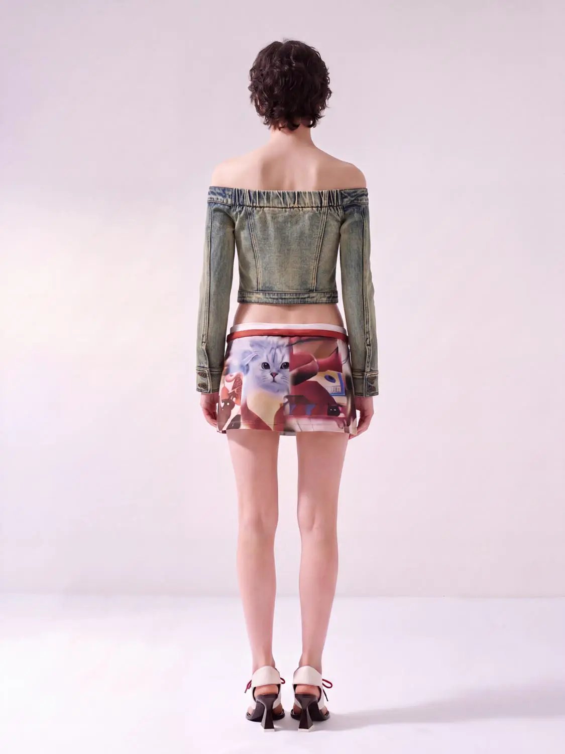 Long Sleeve Off Shoulder Button Washed Denim Cropped Top