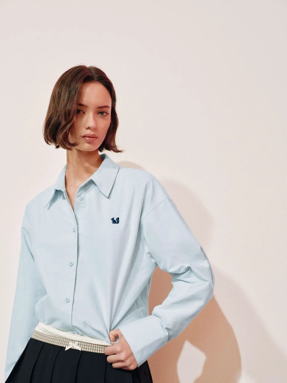 Embroidered Long Sleeve Cotton Shirt Curved Hem