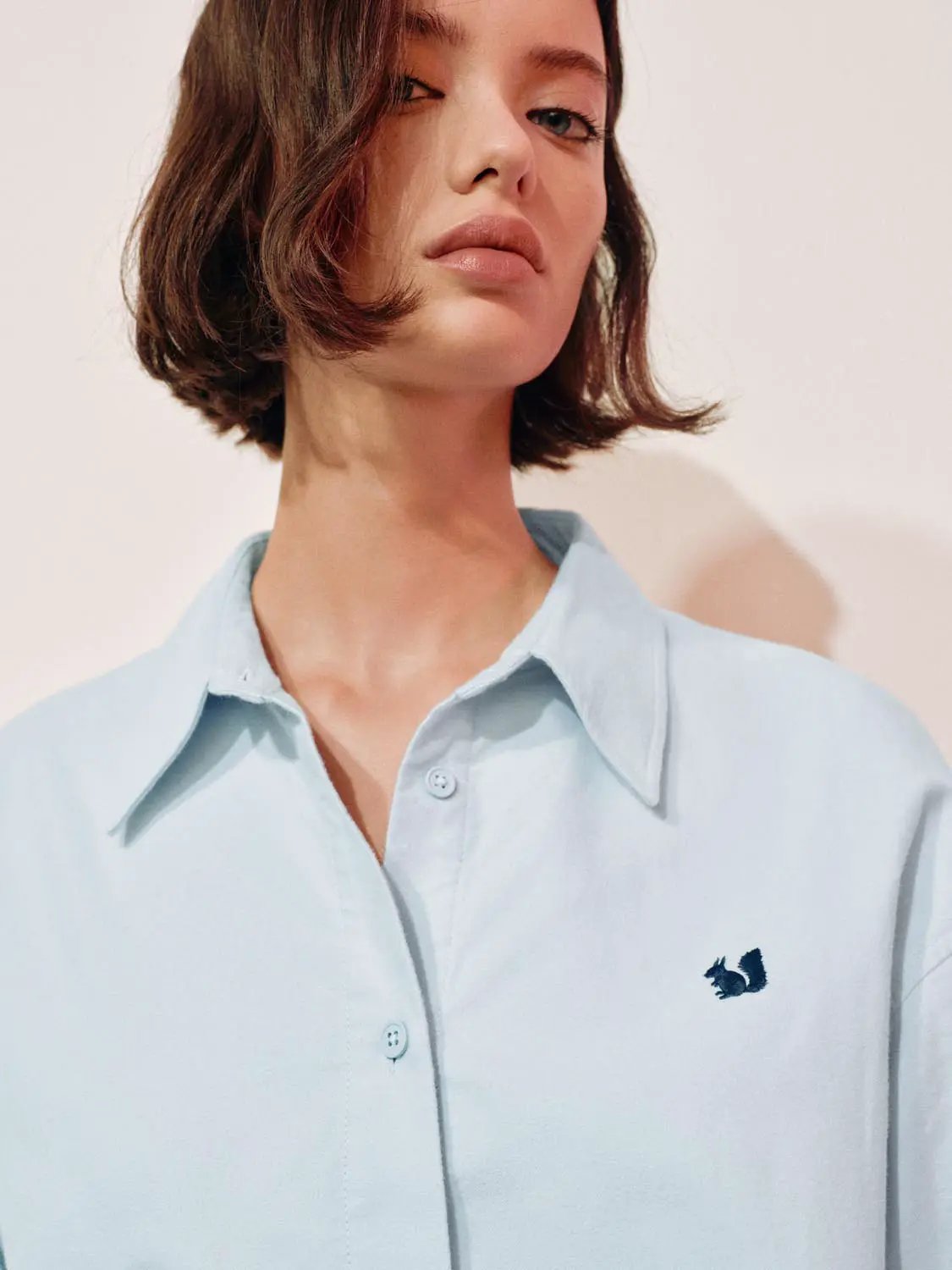Embroidered Long Sleeve Cotton Shirt Curved Hem