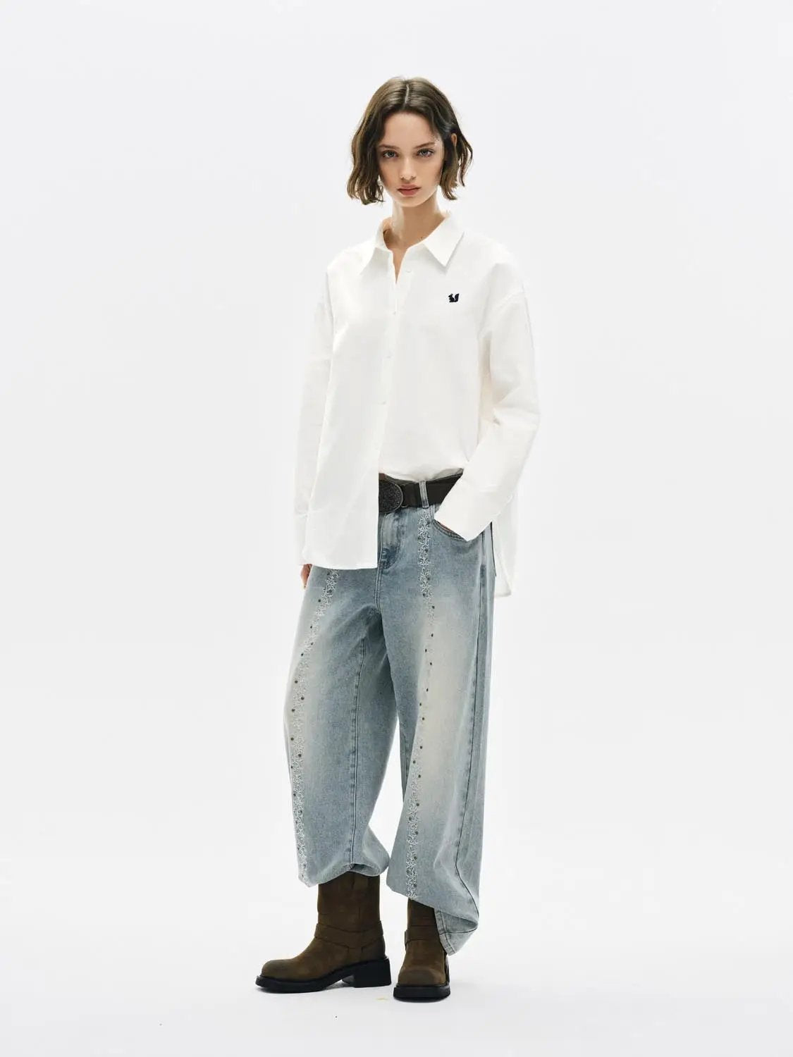 Embroidered Long Sleeve Cotton Shirt Curved Hem