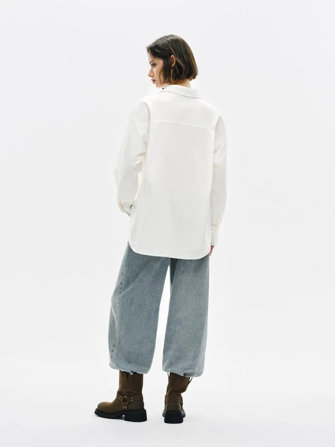 Embroidered Long Sleeve Cotton Shirt Curved Hem