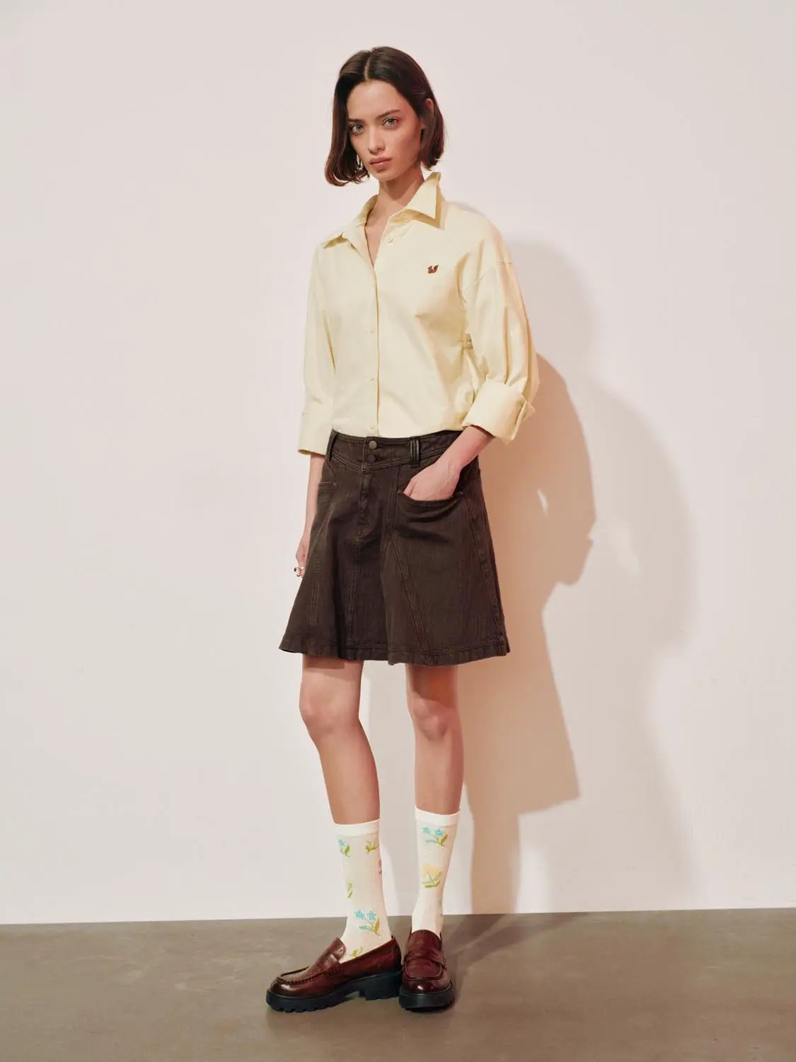 Embroidered Long Sleeve Cotton Shirt Curved Hem