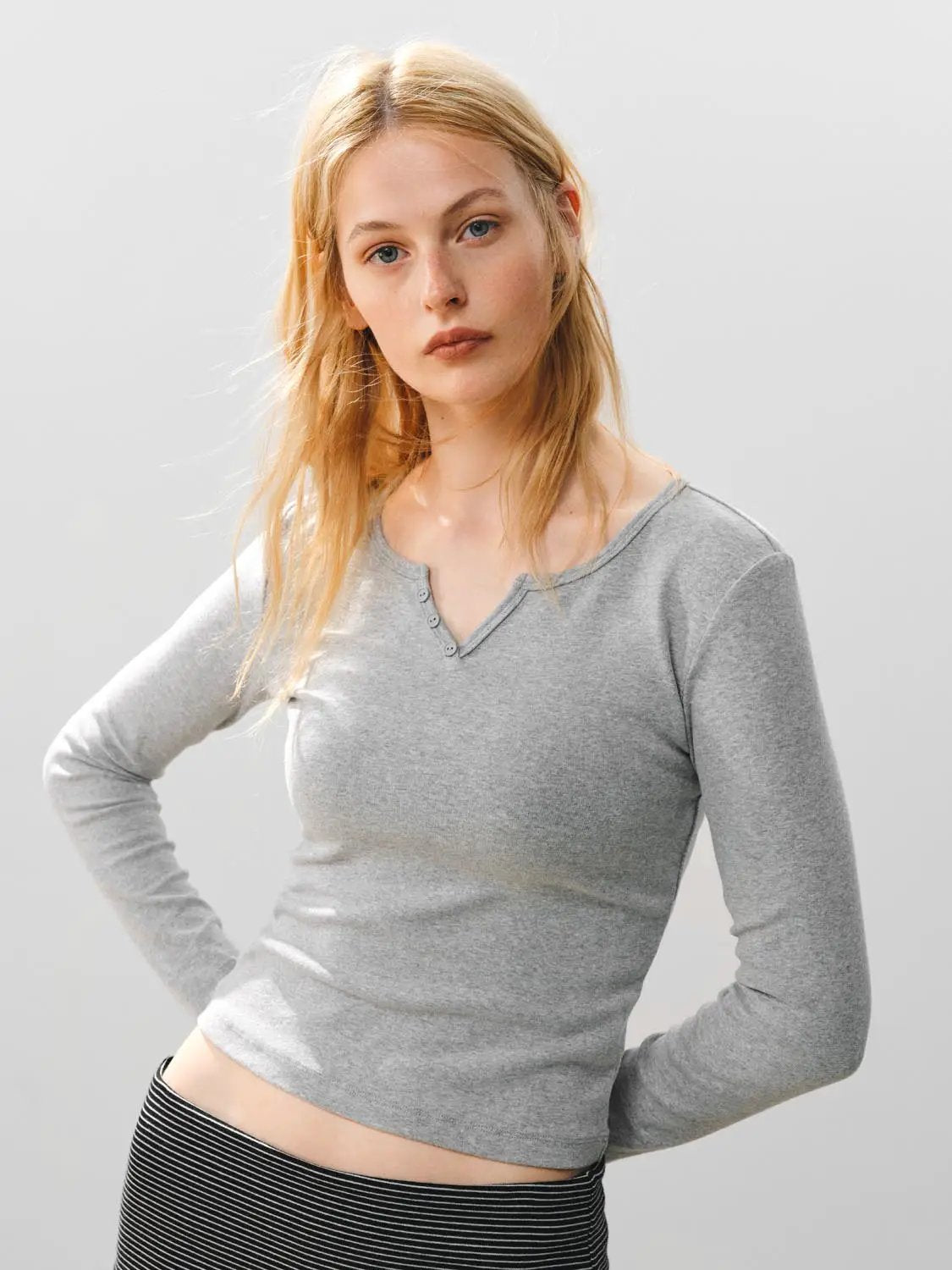 Ribbed Long Sleeve V-neck Cotton Blend T-Shirt